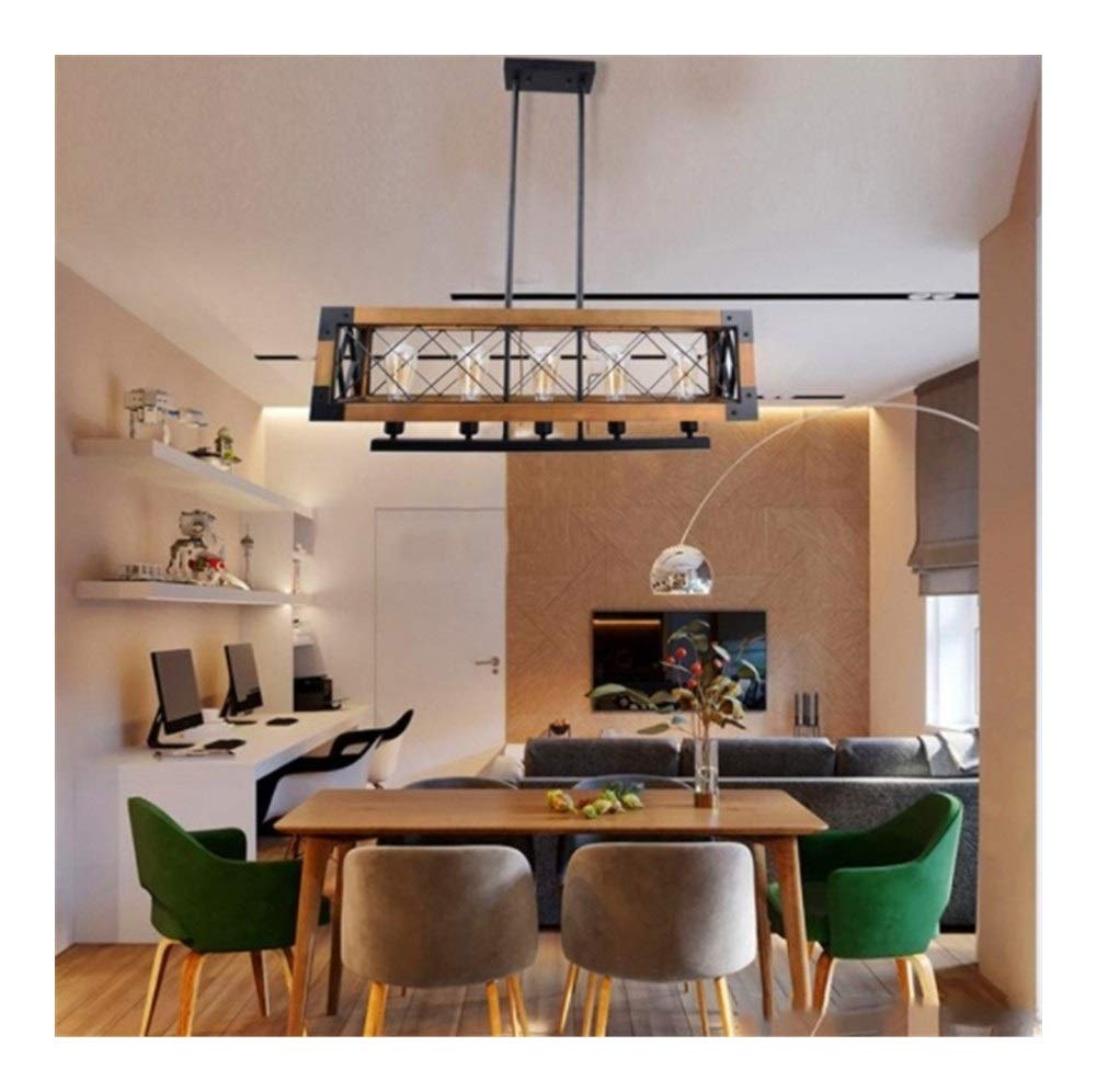 Vintage Industrial Wood Chandelier - American Retro Rectangular Wood & Metal Pendant Light for Restaurant, Loft, Living Room Lighting - Perfect for Farmhouse, Industrial Decor & Dining Room Ambiance