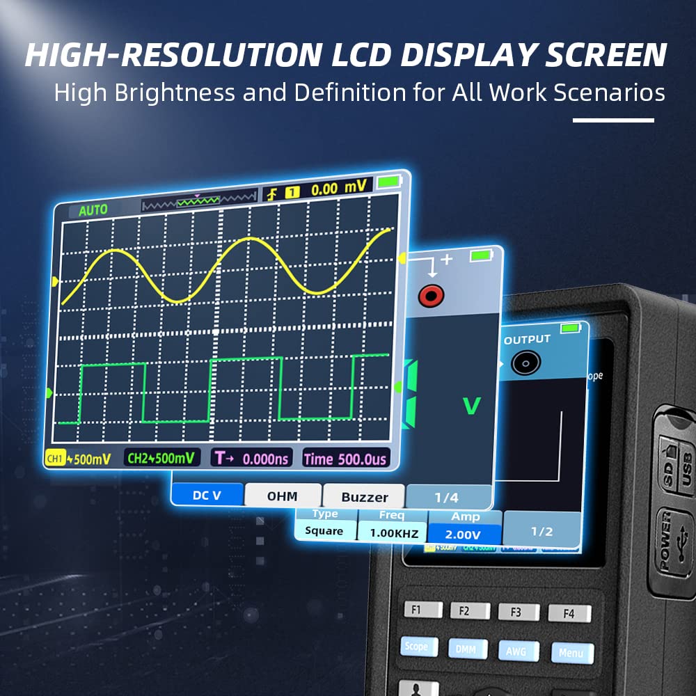 Hantek 2D72 70MHz Handheld Digital Oscilloscope with Waveform Generator & Multimeter - 3-in-1 Portable Oscilloscope Multifunction Tester (2CH+AFG+DMM) w/ 2 Probes - Ideal for Electronics Repair, Circuit Testing & Engineering Education