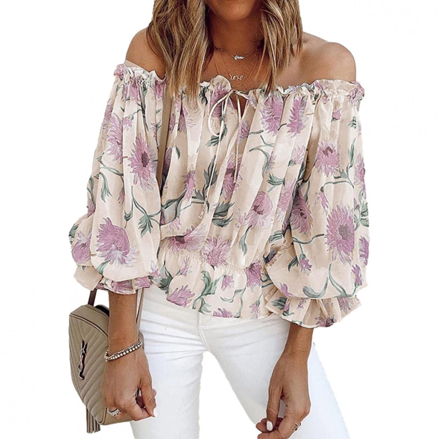 Women's Floral Printed Off Shoulder Chiffon Blouse - Flowy Long Sleeve Lace Trim Tunic Top for Work, Party & Casual Wear