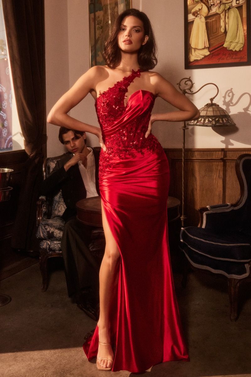 Elegant One Shoulder Satin Gown with Lace Appliqué - GIOVANNA Formal Dress for Prom, Evening Gala & Special Occasions