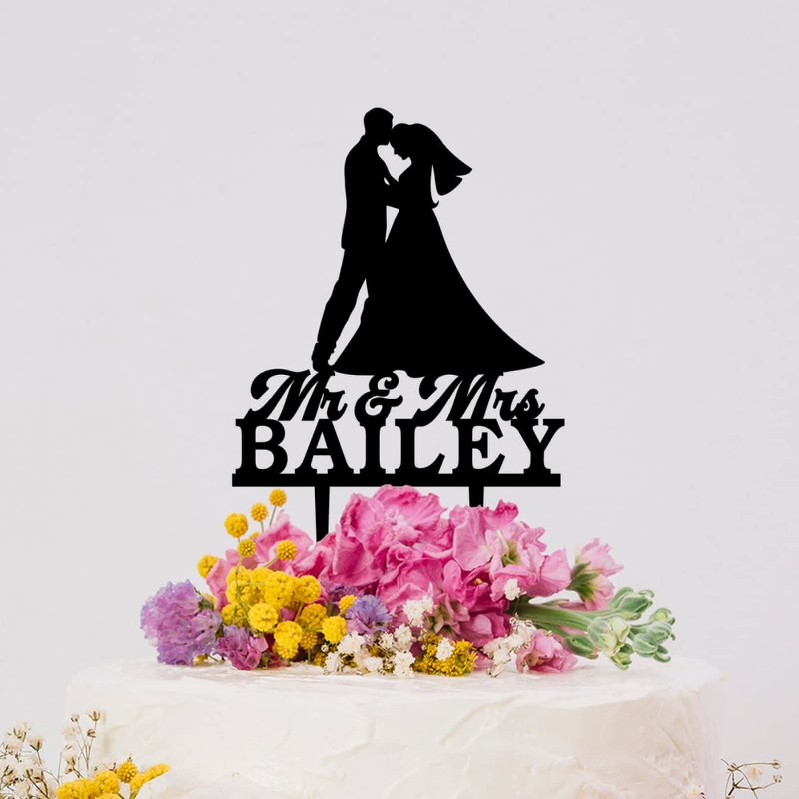 Personalized Mr & Mrs Wedding Cake Toppers - Kissing Couple Silhouette Acrylic Black Cake Topper for Engagement & Wedding Decorations | Perfect for Wedding Cakes, Anniversary Cakes & Bridal Showers