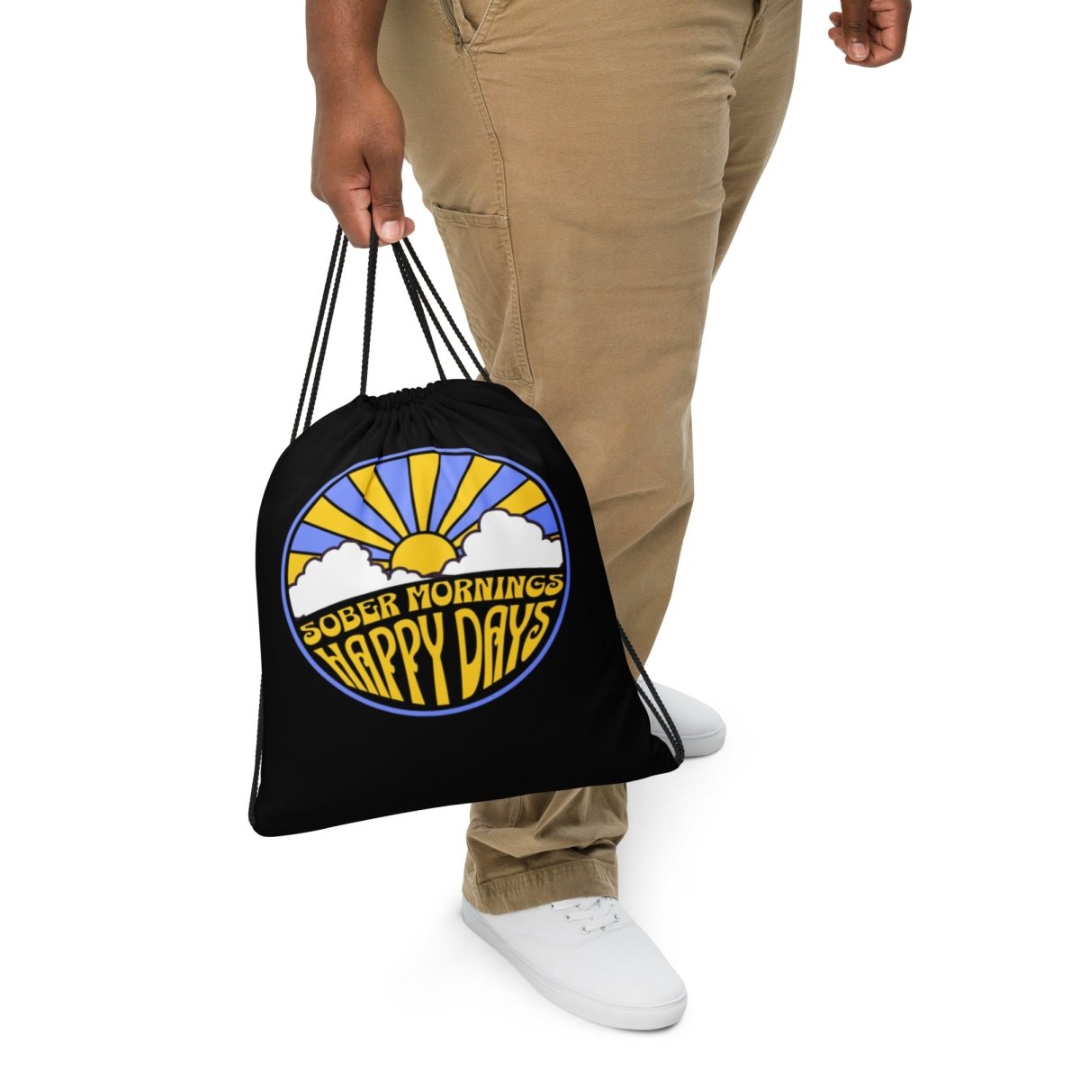 Sober Mornings Happy Days Drawstring Bag - Lightweight Reusable Grocery Tote for Shopping, Beach, Gym & Travel