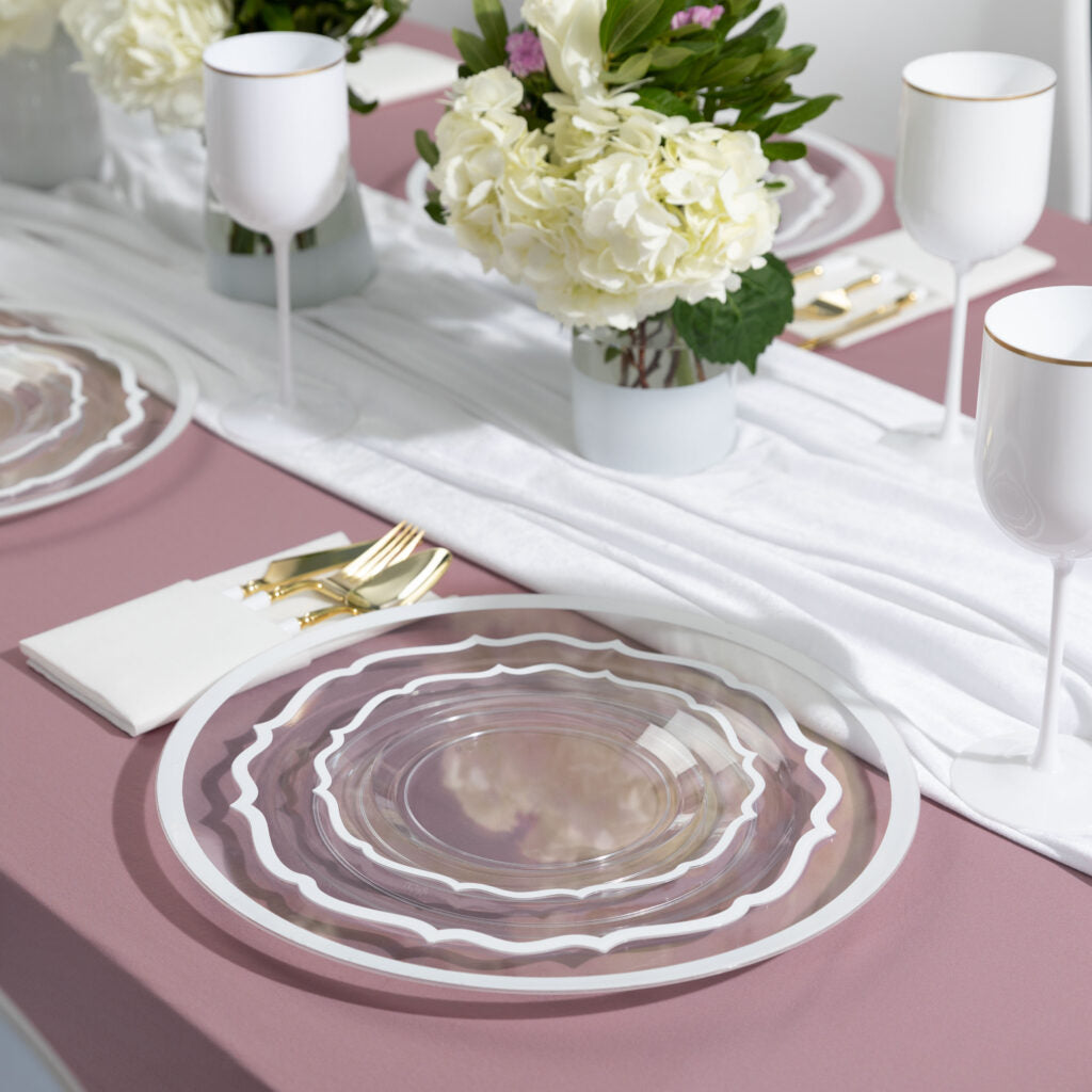 32-Piece Clear & White Rim Plastic Dinnerware Set - Shatterproof Disposable Plates, Bowls, Cups & Utensils for 16 Guests - Modern Dinner Party, Picnic, BBQ & Outdoor Dining Essentials