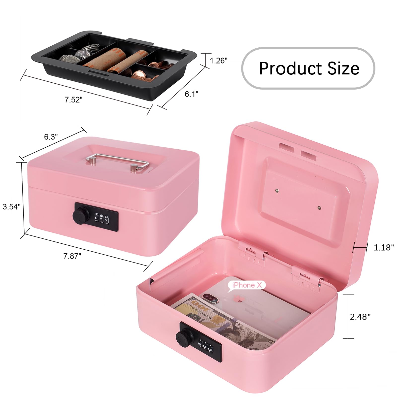 Metal Cash Box with Combination Lock & Money Tray - 7.87x6.3x3.54 Inch Pink Money Safe Box for Home, Office, Retail Store - Secure Cash Storage for Small Businesses, Events & Personal Savings