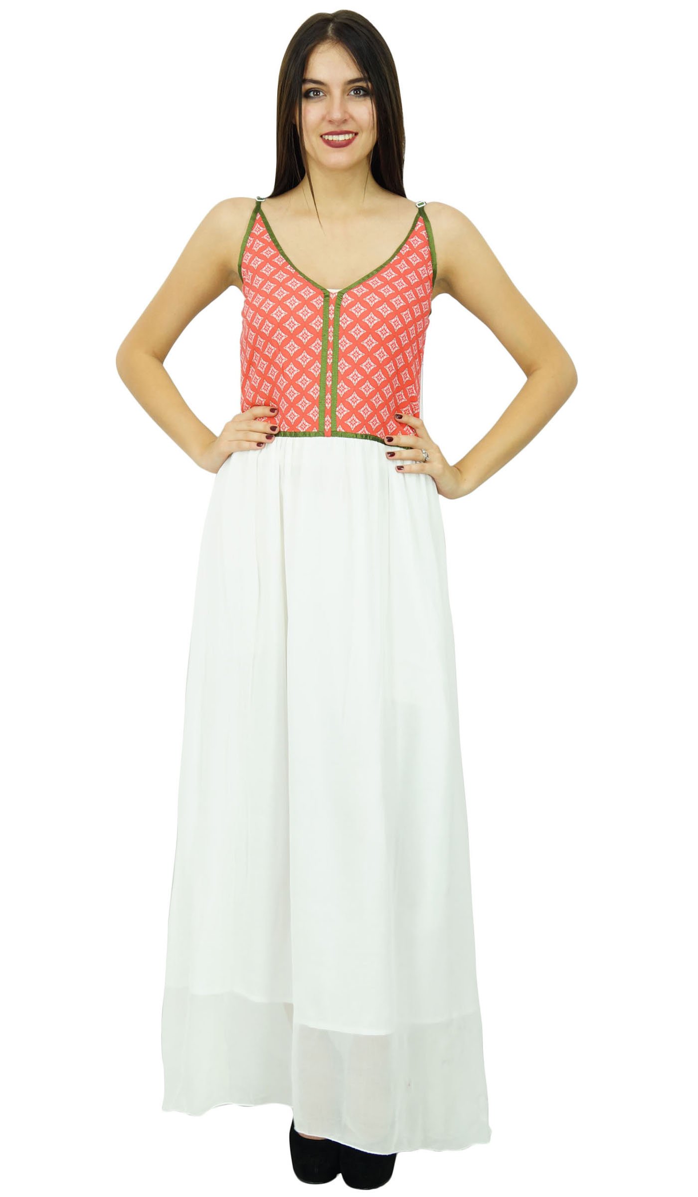 Bimba Women's White Maxi Dress - Spaghetti Strap Georgette Summer Casual Dress for Beach, Vacation & Holiday Wear