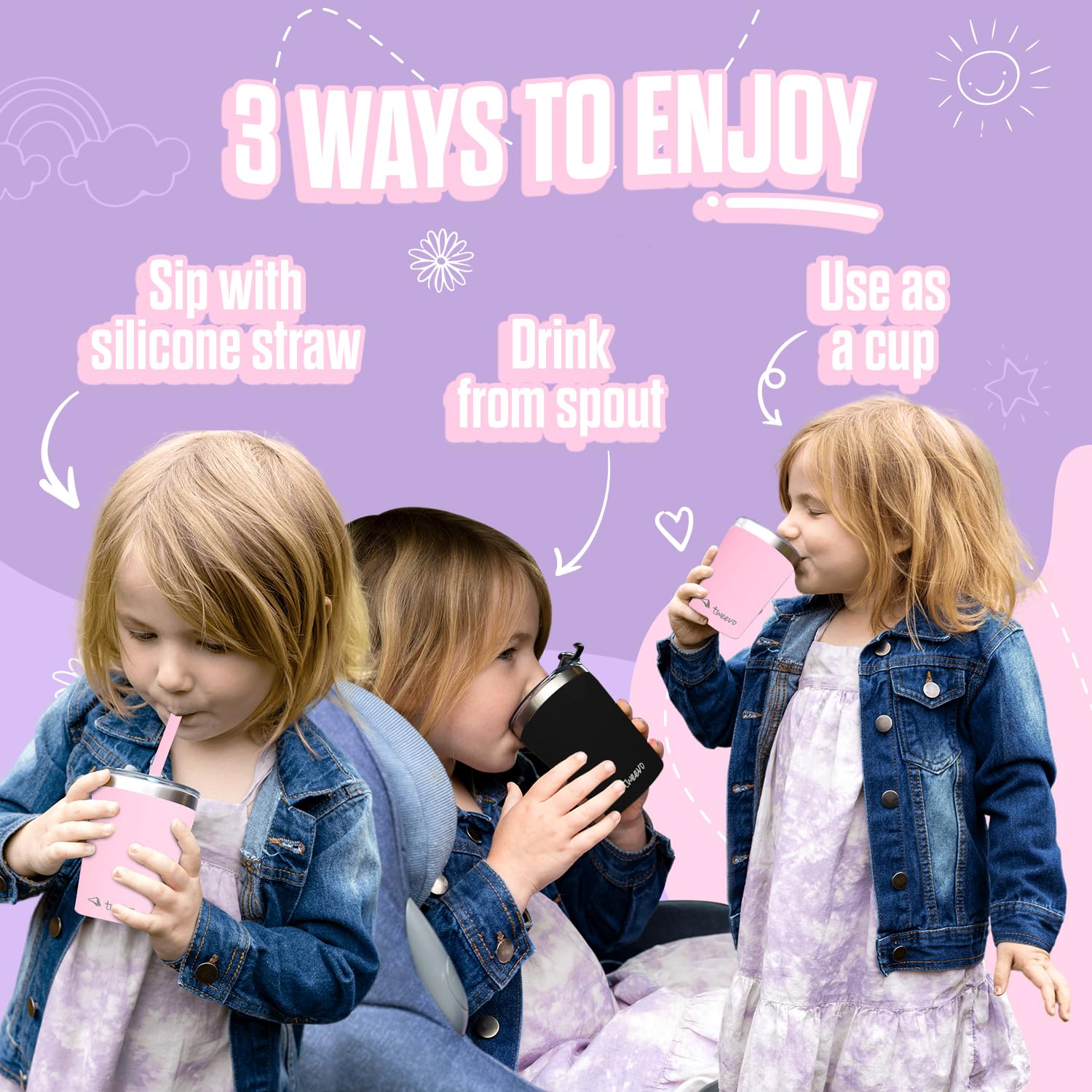 Tweevo 8.5oz Stainless Steel Kids Water Bottle with Straw - Spill Proof Toddler Cup for Smoothies & Drinks - Insulated Thermal Tumbler with Screw Lid & Cleaning Brush - Perfect for School, Travel & Outdoor Activities (Pink & Purple)