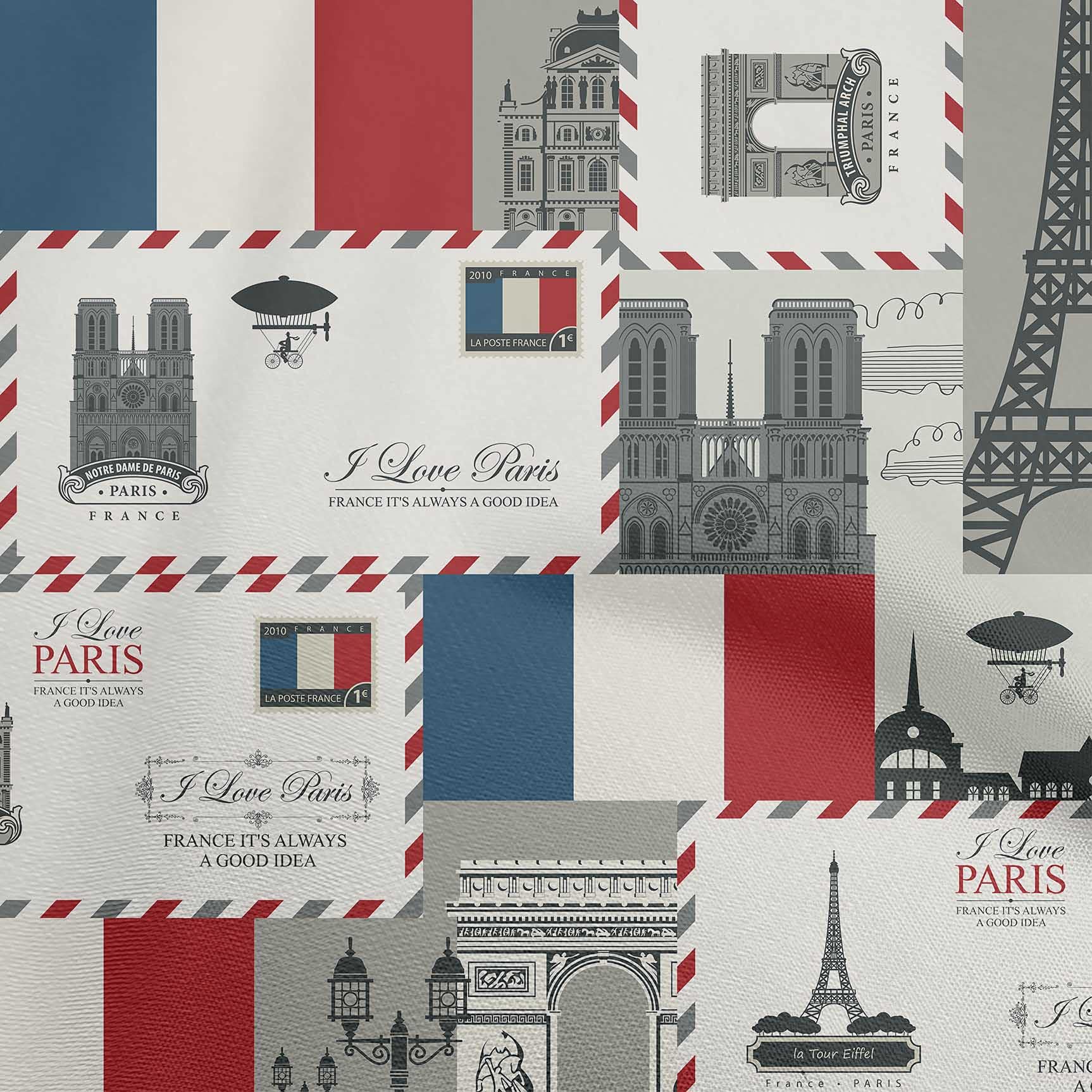 oneOone Polyester Spandex Teal Blue Paris Postcard Print Fabric by The Yard - 56 Inch Wide Dress Material for DIY Fashion & Home Decor Projects
