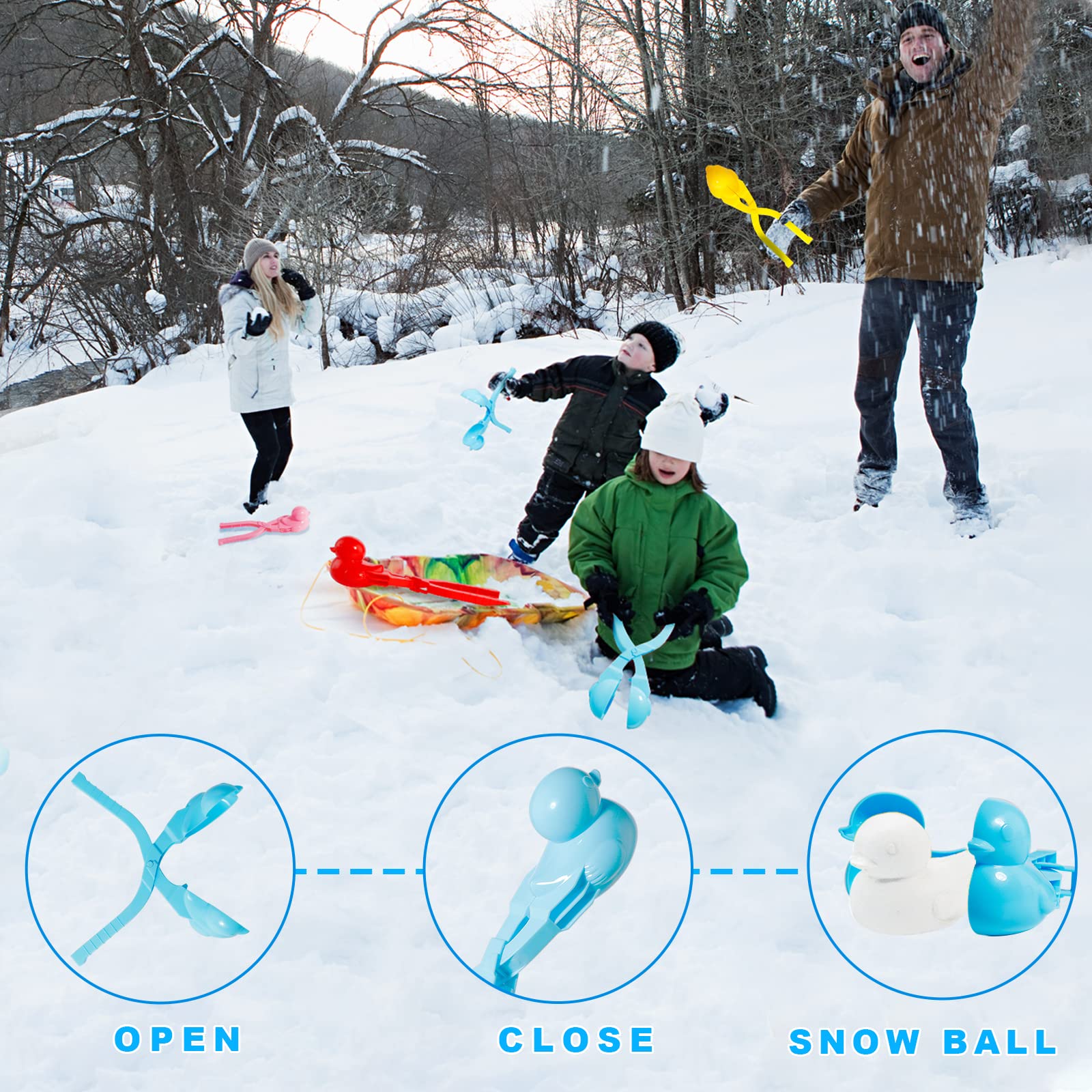Duck Snowball Maker Toy - 4 Pack Cartoon Duck Snowball Clips for Kids Outdoor Winter Play, Snowball Fights & Snow Sand Molds - Fun Snow Day Activities & Winter Sports Games