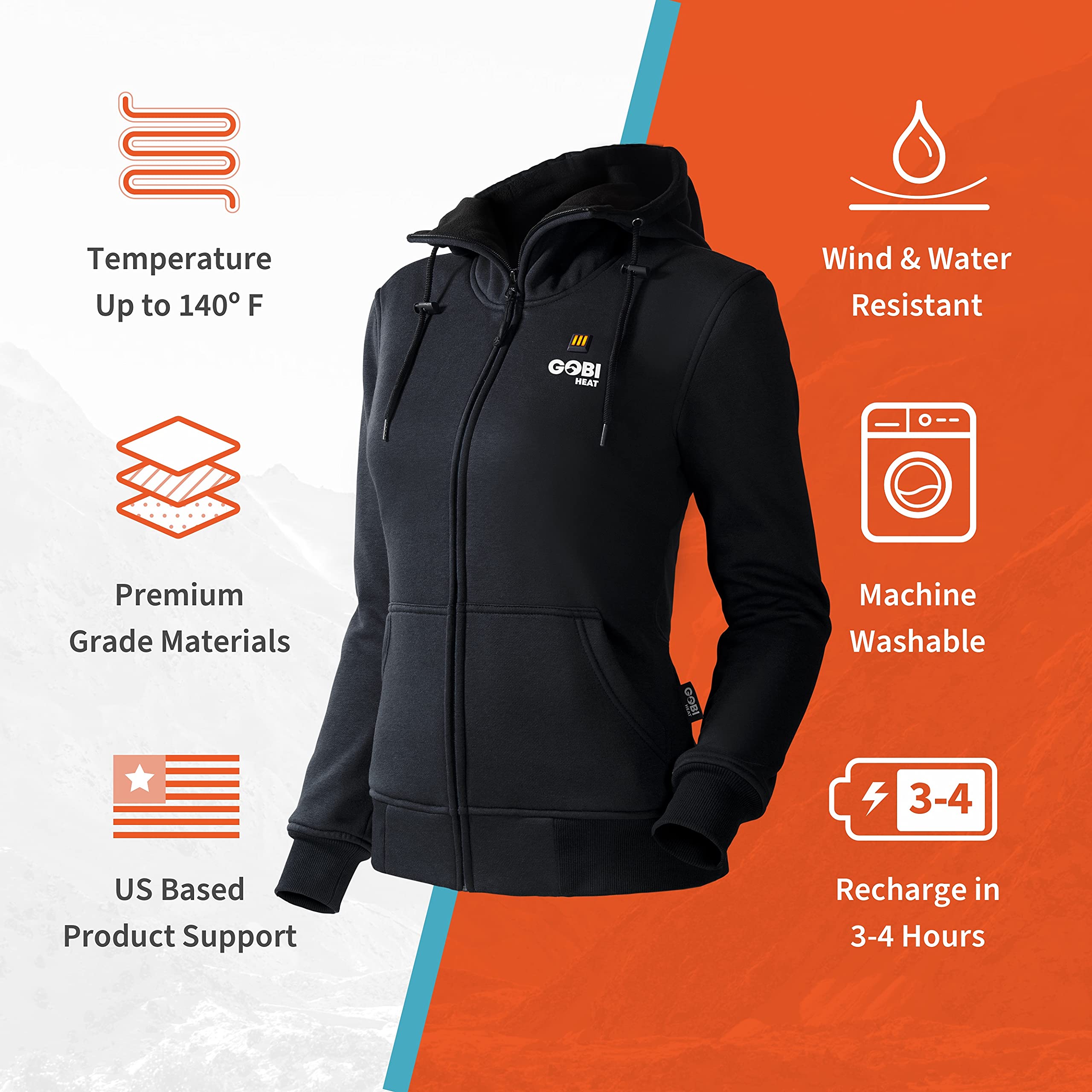 Ridge Women's Heated Hoodie with Battery & Charger - 10 Hours Continuous Heating, Machine Washable - Perfect for Winter Outdoor Activities, Camping, and Cold Weather Commutes