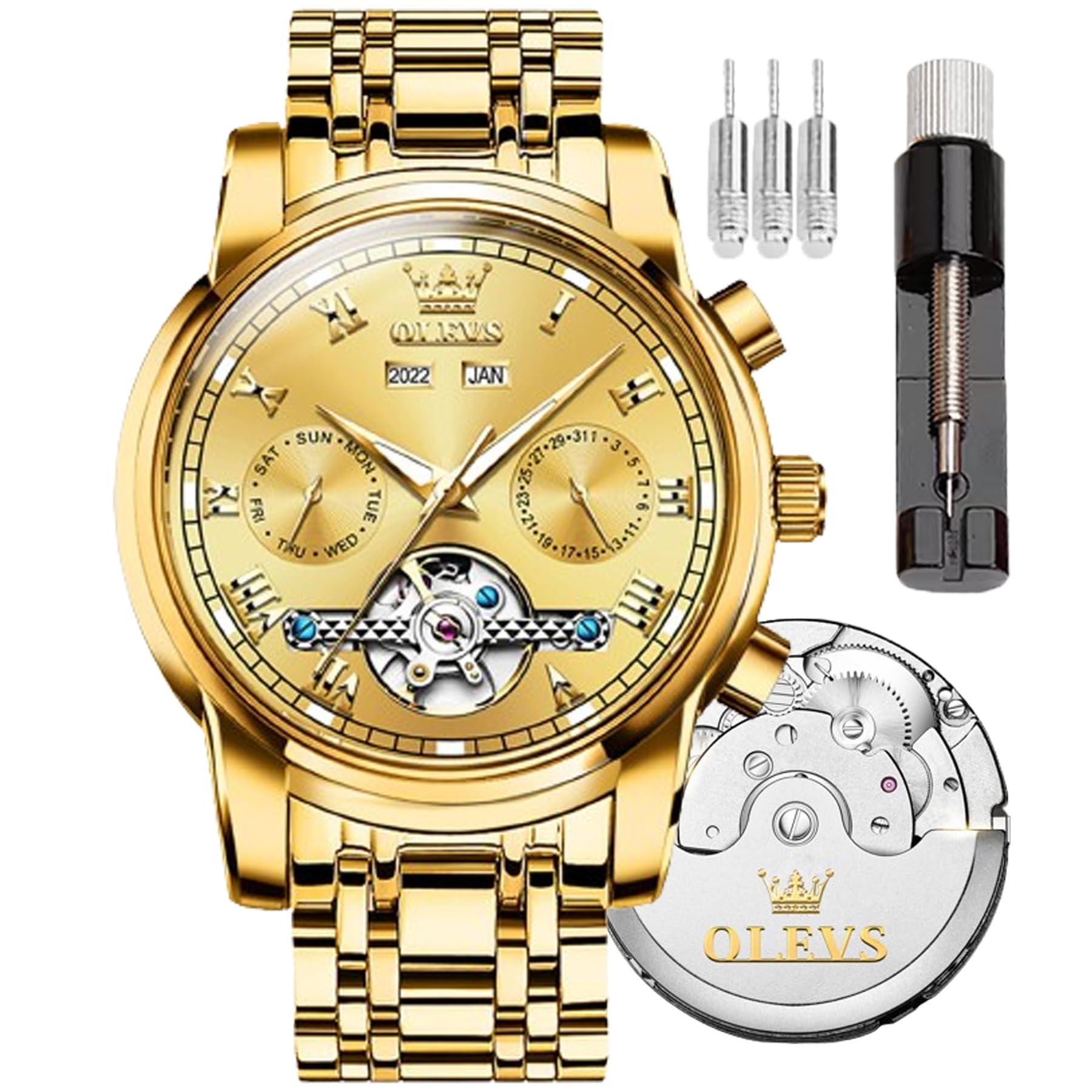 OLEVS Automatic Skeleton Watches for Men - Self Winding Mechanical Watch with Tourbillon, Date Display & Waterproof Stainless Steel Case | Luxury Dress Watch for Business, Formal Occasions & Everyday Wear