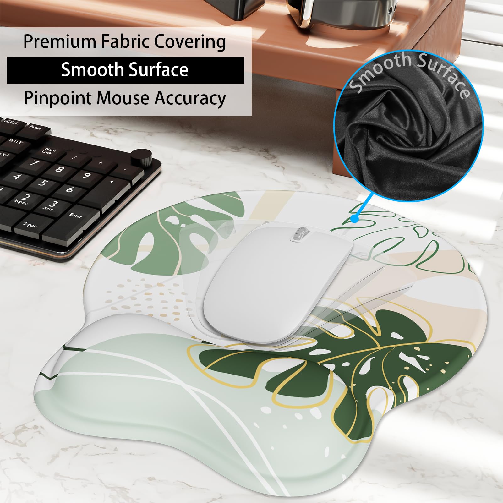 Ergonomic Mouse Pad with Wrist Rest for Comfortable Typing & Office Work - 2-in-1 Desk Mouse Pad Set with Coaster - Green Plant Design for Computer, Gaming & Home Office Use