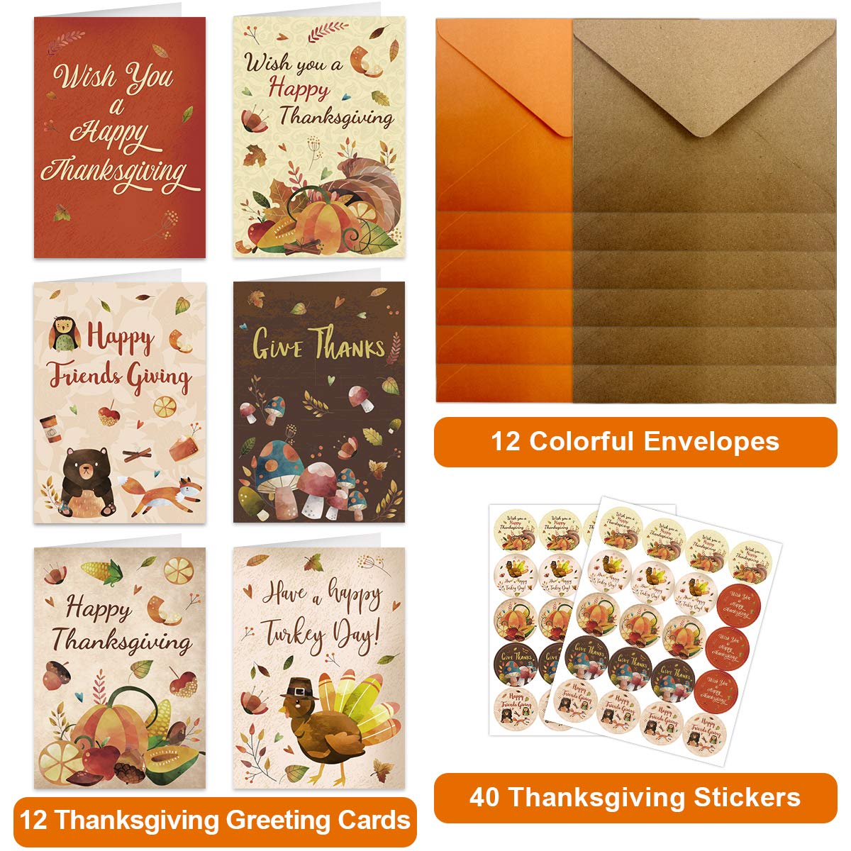 12 Thanksgiving Greeting Cards with Envelopes - 5x7 Inch Blank Inside Cards for Kids, Adults, Friends & Family - Perfect for Thanksgiving Wishes, Classroom Activities & Holiday Gifting