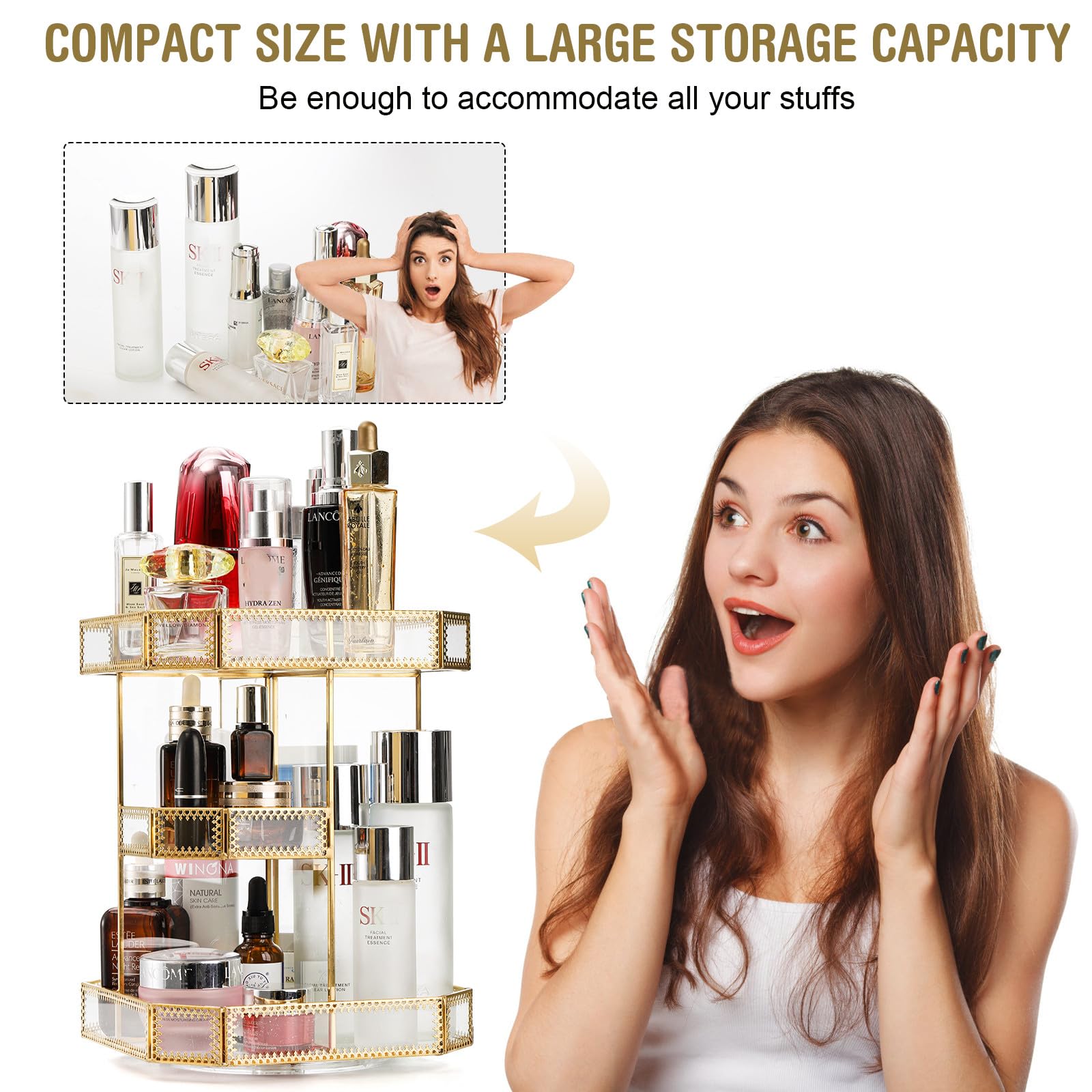 360 Degree Rotating Glass Makeup Organizer with Gold Trim - Large Clear Cosmetics Storage Display for Vanity | Holds Perfume, Brushes, Lipsticks & Skincare | Perfect for Bedroom Dresser, Bathroom Counter & Beauty Salon Organization