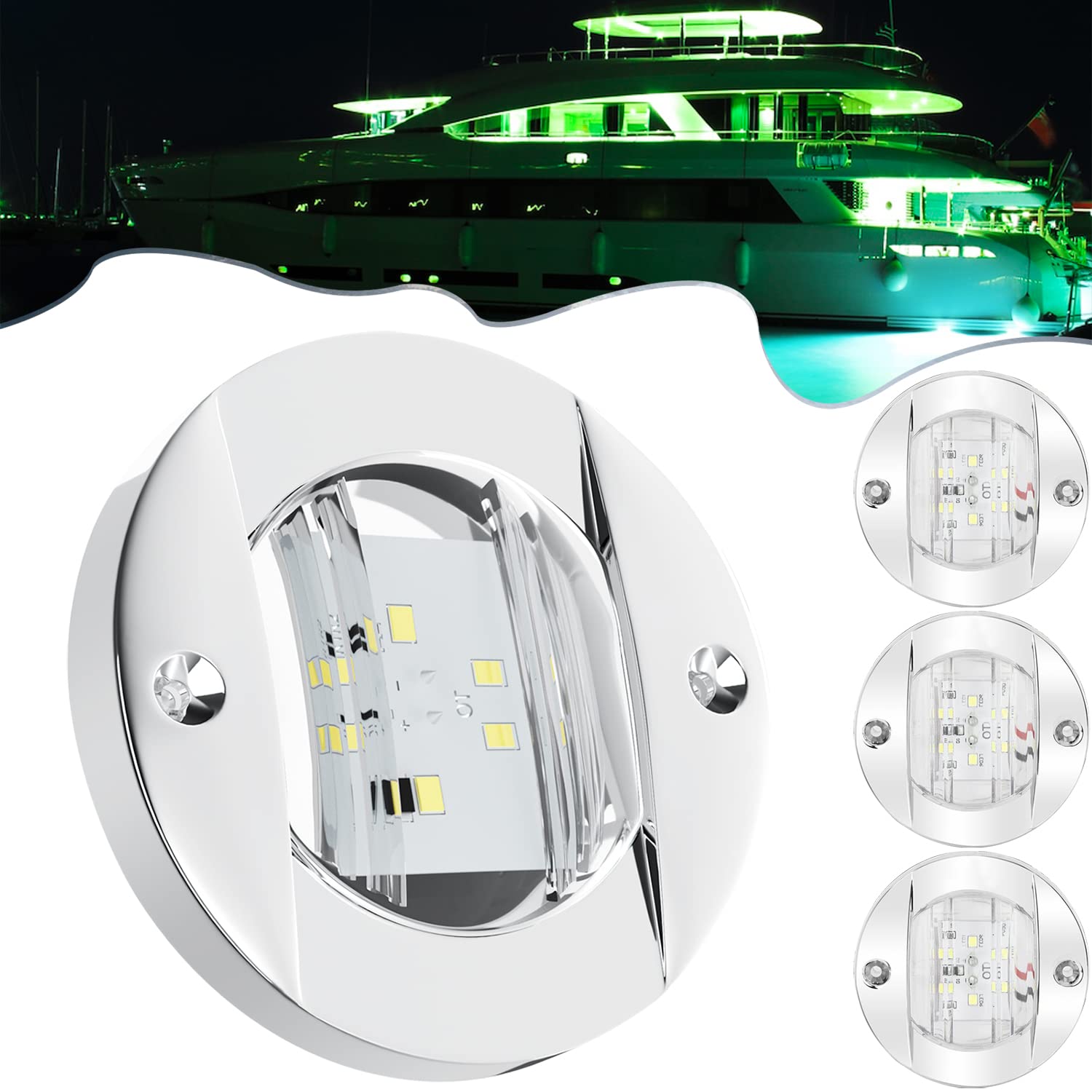 PSEQT 4Pcs 3 Inch Marine Boat Interior LED Lights - 12V Waterproof Green Deck Courtesy Light with Clear Lens - Round 6 LED Stern Transom Anchor Light for Night Fishing, Pontoon Boats & Marine Lighting
