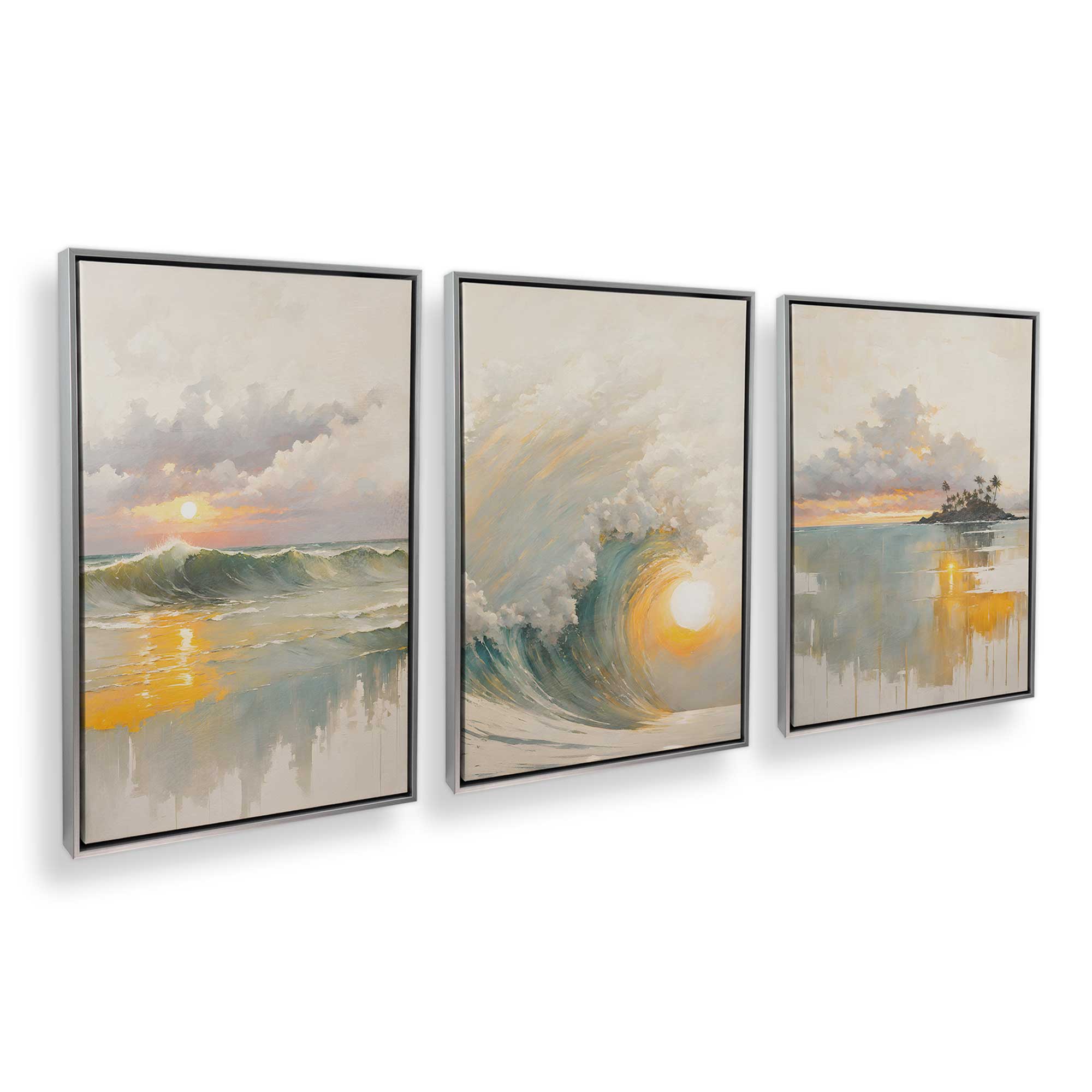 Golden Waves at Sunset - Set of 3 Canvas Wall Art Prints for Living Room, Bedroom & Office Decor | Coastal Beach Theme Home Decoration