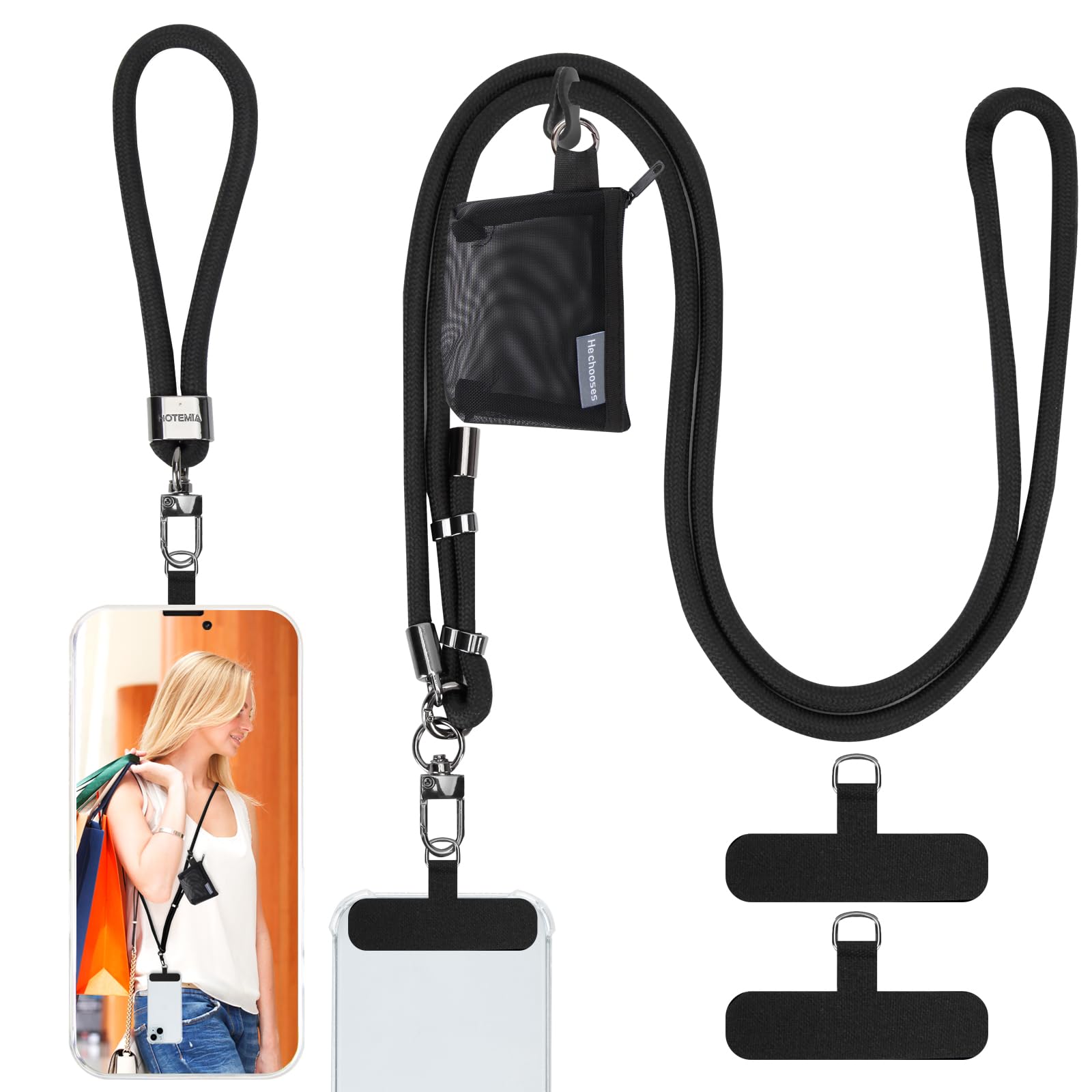 Adjustable Phone Lanyard with Detachable Wallet - 8mm Thick Crossbody Neck Strap for iPhone & Smartphones - Secure Hands-Free Carrying for Work, Travel & Outdoor Activities (Black+Wallet)