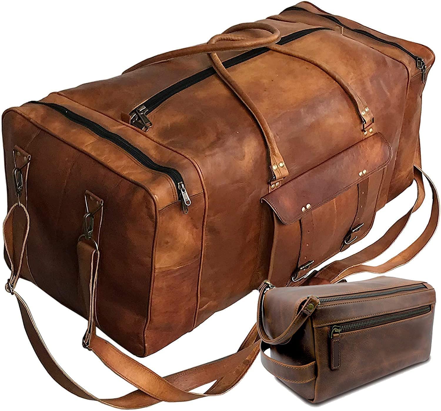 Premium 32 Inch Leather Luggage Duffle Bag for Travel - Weekender Carry-On with Free Toiletry Bag - Perfect for Business Trips, Gym, and Weekend Getaways