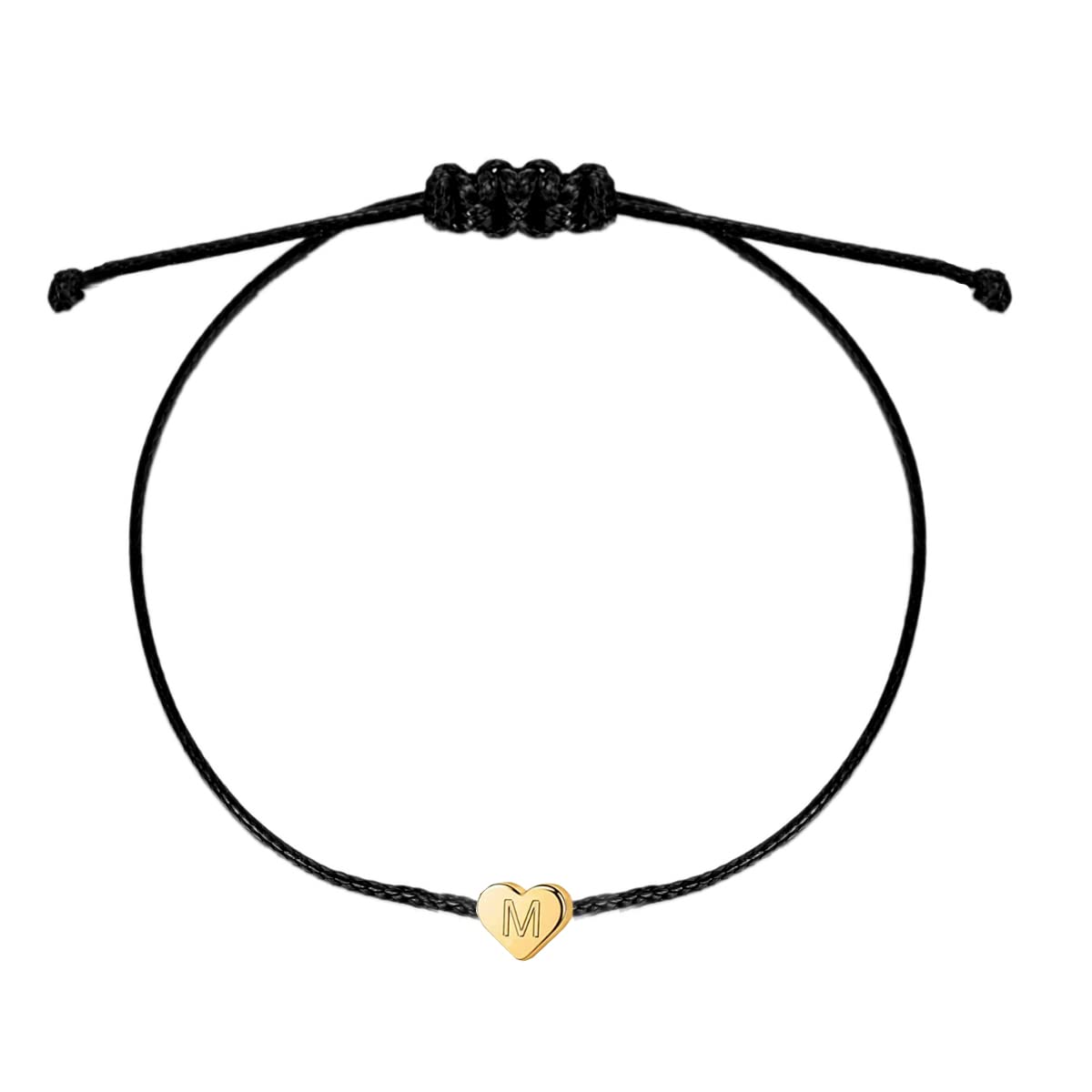 14K White Gold Plated Initial Heart Black String Bracelet for Women & Men - Handmade Stainless Steel Charm Couple Bracelet with Black Wax Rope - Perfect for Anniversary, Valentine's Day Gift & Everyday Wear