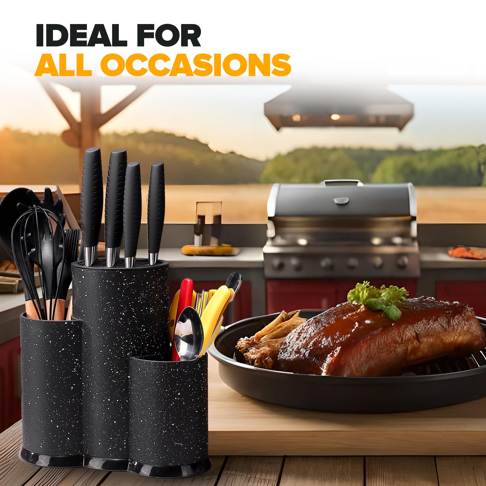 Stainless Steel Kitchen Organization Set - Utensil Holder, Knife Block & Silicone Drying Mat for Countertop | Medium Black | Perfect for Small Kitchen Spaces & Countertop Organization