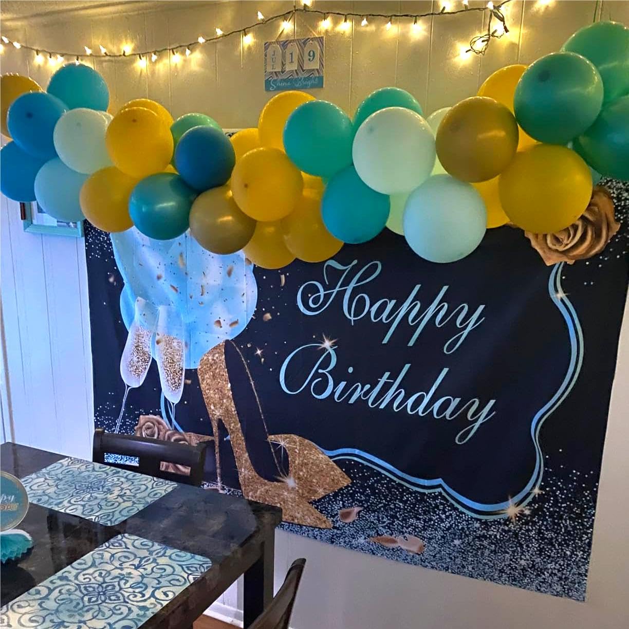 7x5ft Teal & Gold Happy Birthday Backdrop for Women - Turquoise Birthday Photography Background for Sweet 16, 21st, 30th & 40th Parties - Perfect for Photo Booths, Baby Showers & Anniversary Celebrations