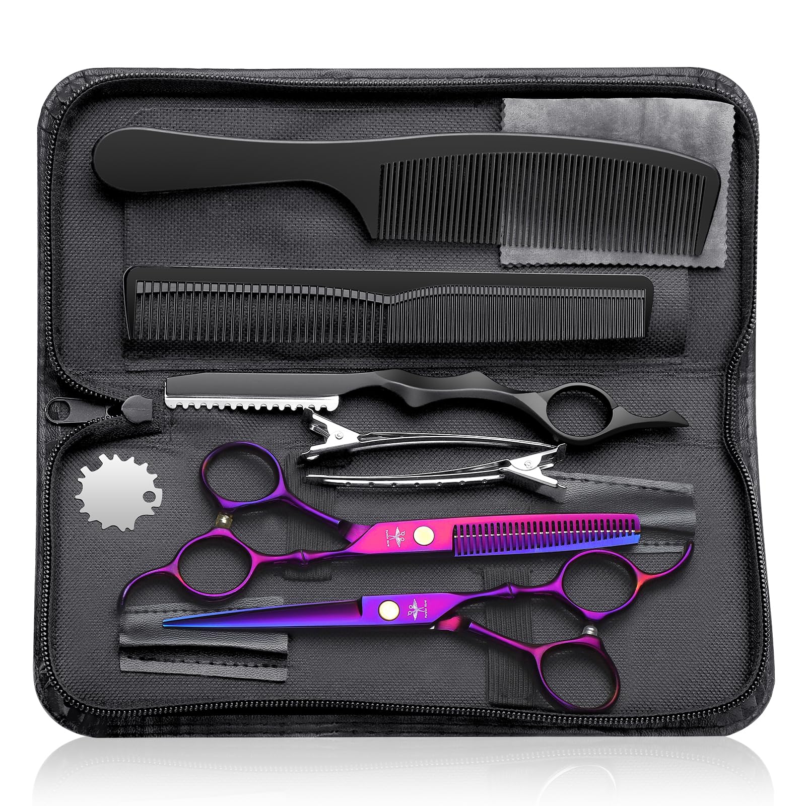 **Professional Barber Scissors Kit - Stainless Steel Hair Cutting & Thinning Shears Set for Men, Women & Pets (10-Piece, Purple) | Perfect for Salon, Home Haircuts & Grooming**