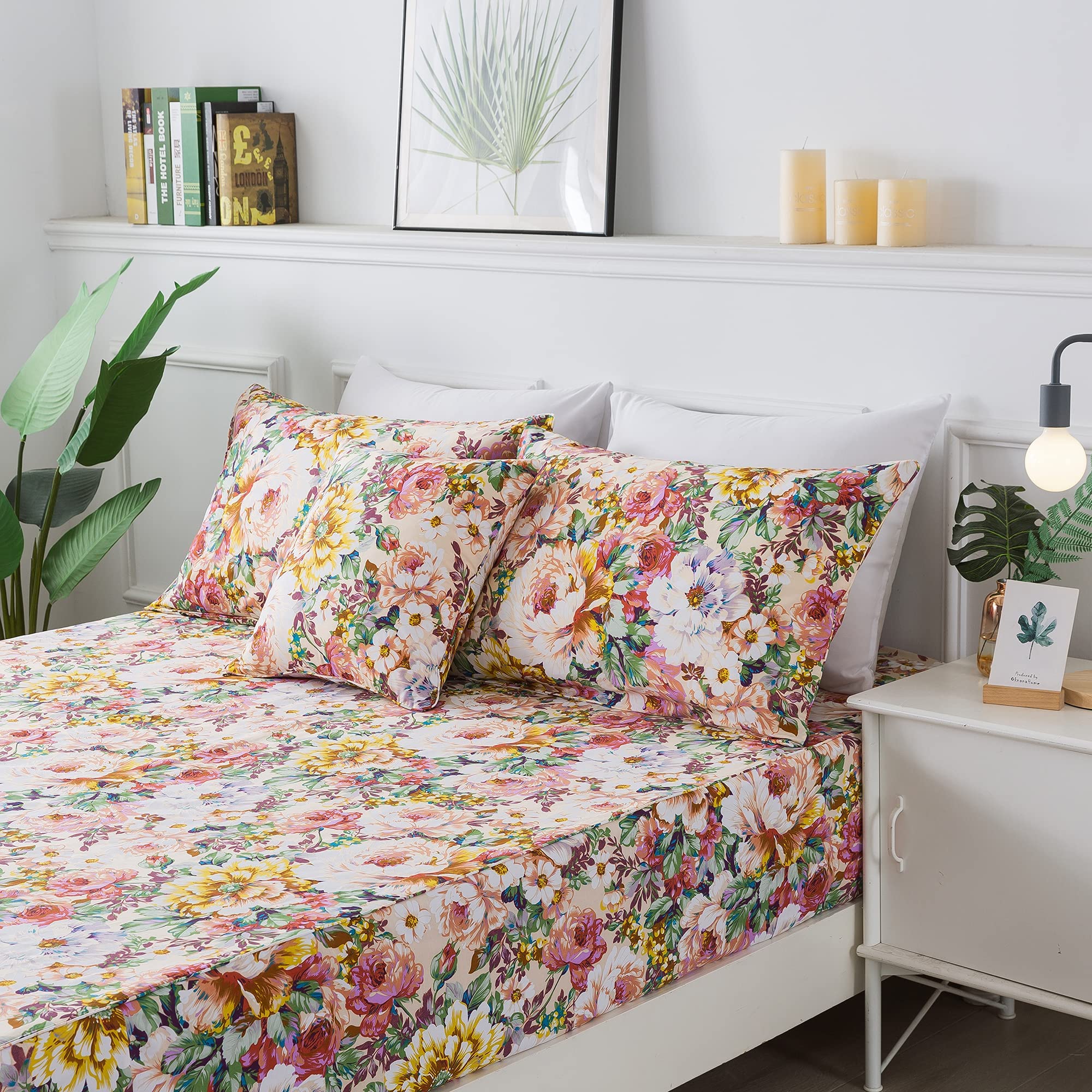 FADFAY 7-Piece Queen Size Floral Bedding Set - 100% Cotton Duvet Cover, Pink & Orange Soft Breathable Hypoallergenic Peony Flower Sheets with Deep Pocket (17.5