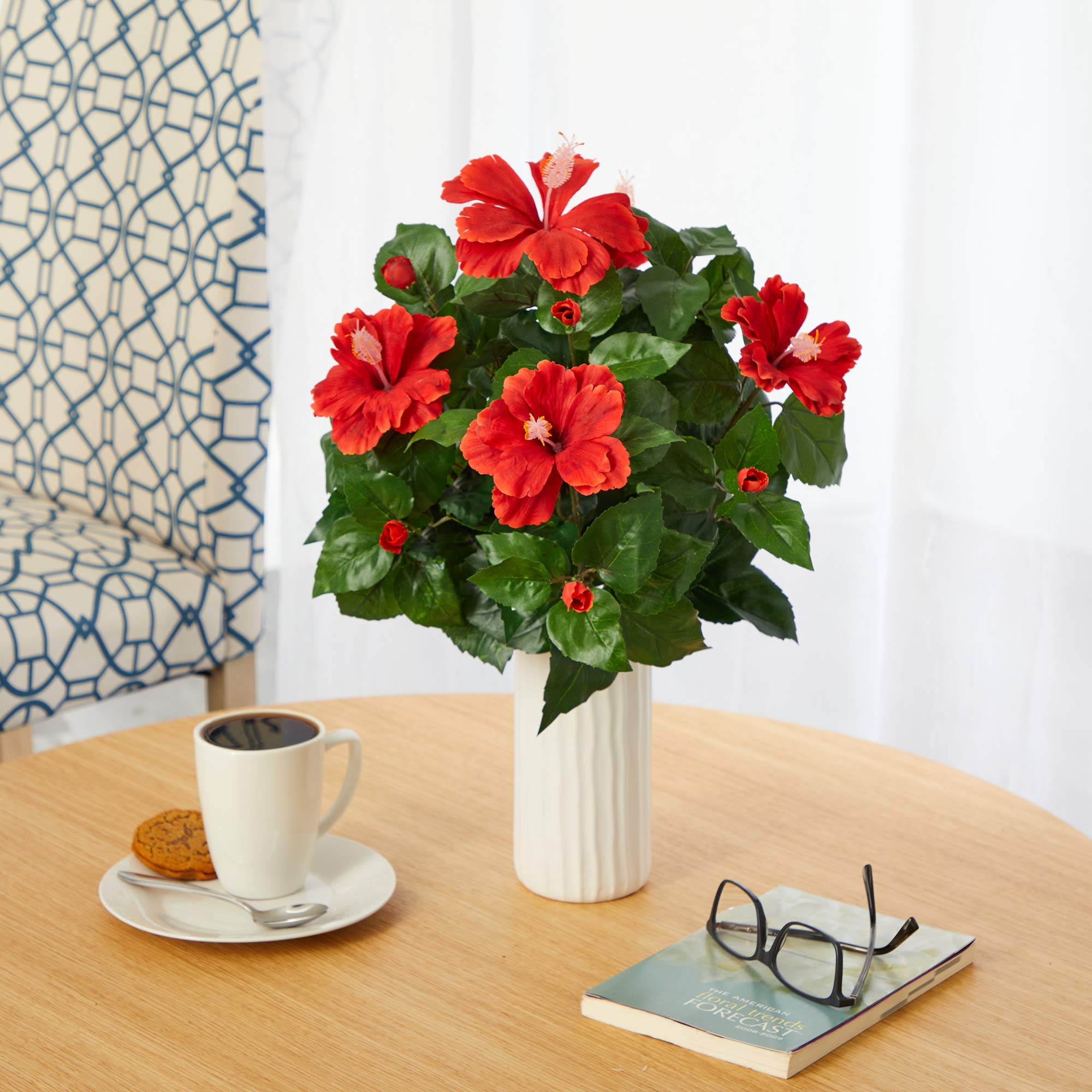 Nearly Natural 20-Inch Artificial Hibiscus Silk Flower Plant in White Decorative Pot - Perfect for Home Office Decor, Wedding Centerpieces & Indoor Greenery