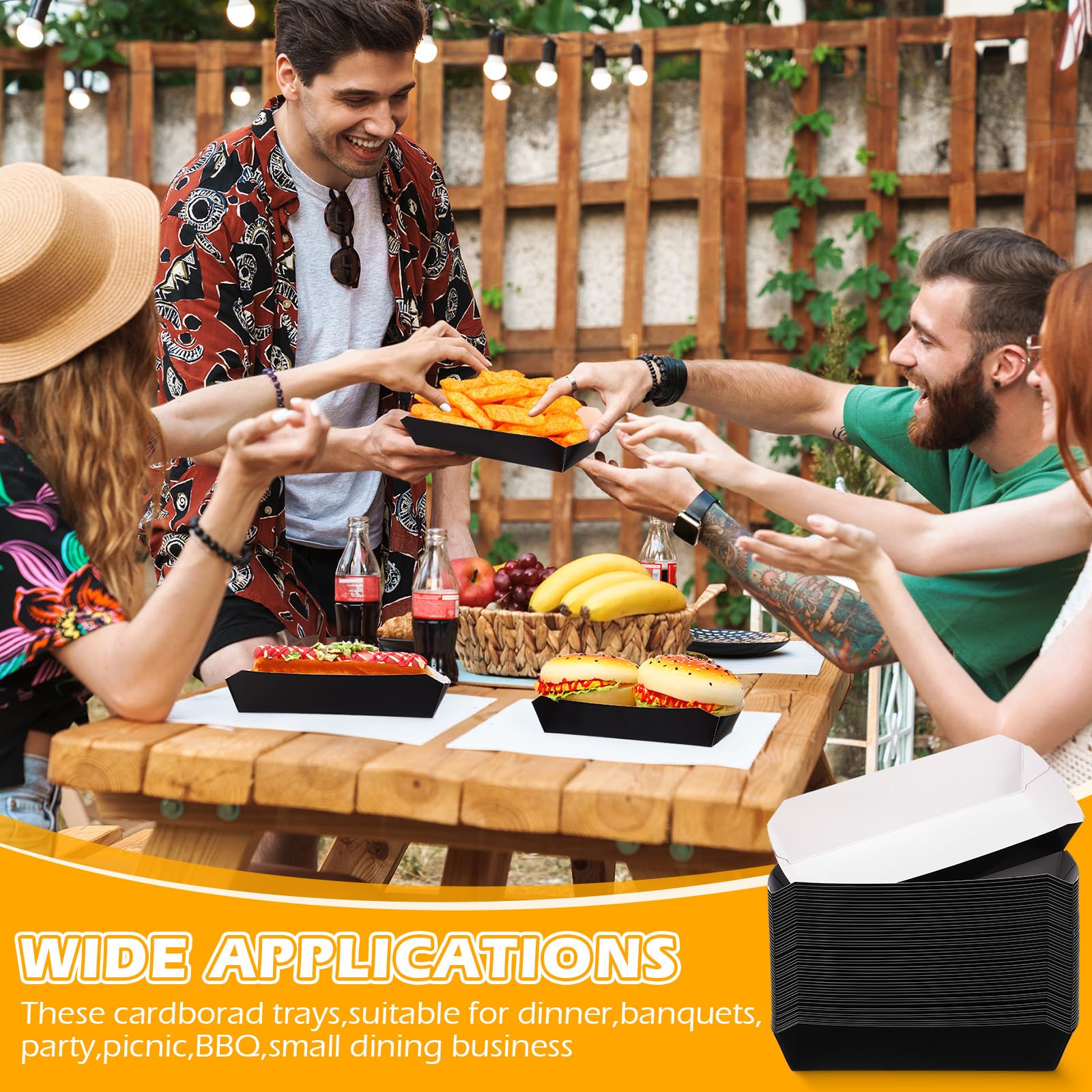 200 Pcs 7 Inch Disposable Black Paper Food Trays - 2lb Capacity Nacho Boats & Hot Dog Containers for BBQ, Parties, Festivals | Perfect for Serving French Fries, Tacos, Corn & Takeout Food