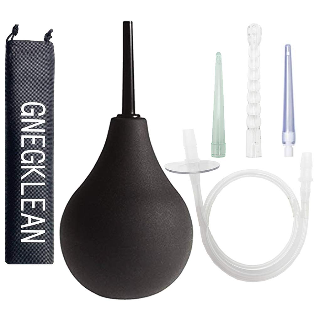 Premium Black Silicone Enema Bulb Kit 7.6oz - Anal Douche Cleaner for Men & Women with 19.7in Hose + 4 Replaceable Nozzles - Safe & Comfortable Colon Cleansing for Pre-Sex Preparation, Health Hygiene & Wellness Routine (Black)