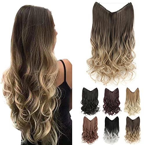 GIRLSHOW 24 Inch Invisible Wire Hair Extensions - Synthetic Wavy Curly Hairpieces with Transparent Headband, Adjustable Size, No Clip (Medium Brown Ombre Light Ash Brown #263A) | Perfect for Daily Wear, Parties, Weddings & Cosplay