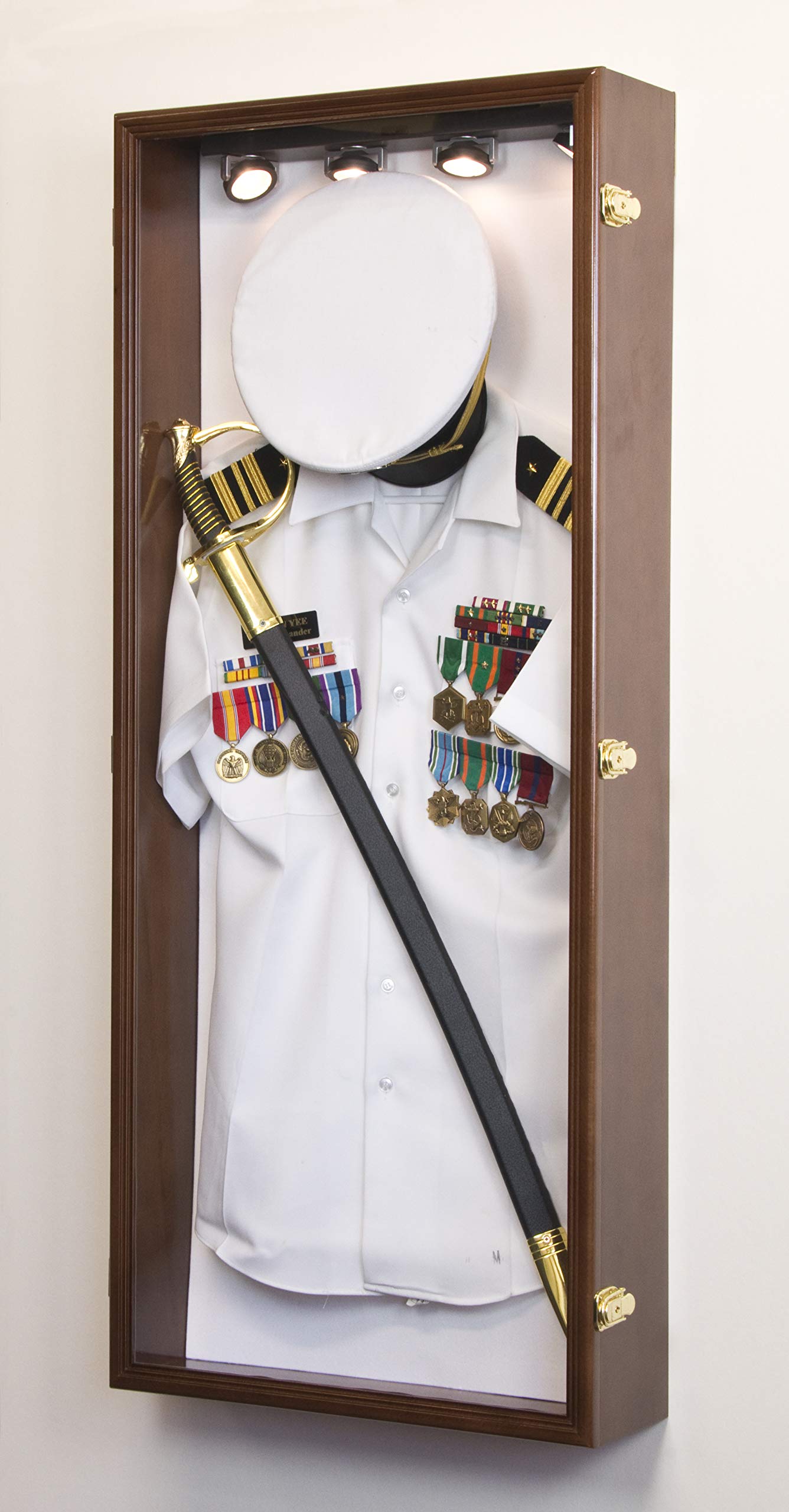 Military Shadow Box Display Case for Uniform, Cap, Hat, Sword & Medals - Lockable Wall Cabinet Frame with LED Light (Walnut Finish, White Felt) - Perfect for Home Decor, Army Memorabilia Display & Gift Giving