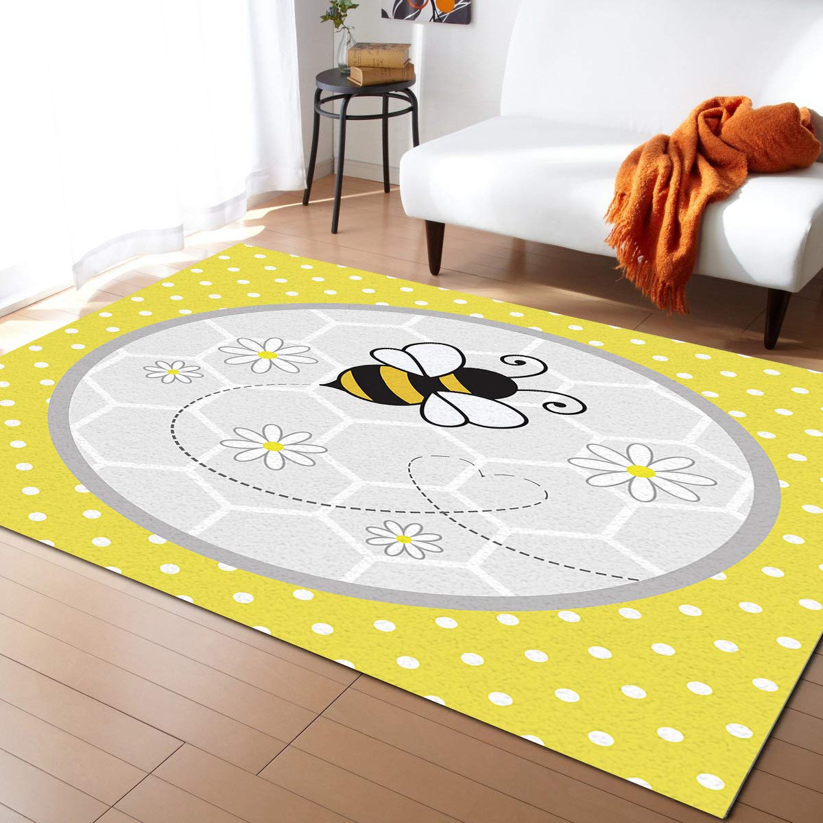 5'x8' Bee and Daisy Area Runner Rug - Washable Indoor/Outdoor Carpet for Kitchen, Living Room, Bathroom, Bedroom, Classroom & Laundry Room - Yellow Polka Dot Grey Honeycomb Welcome Mat for Entryway, Office Desk & Front Door Decor