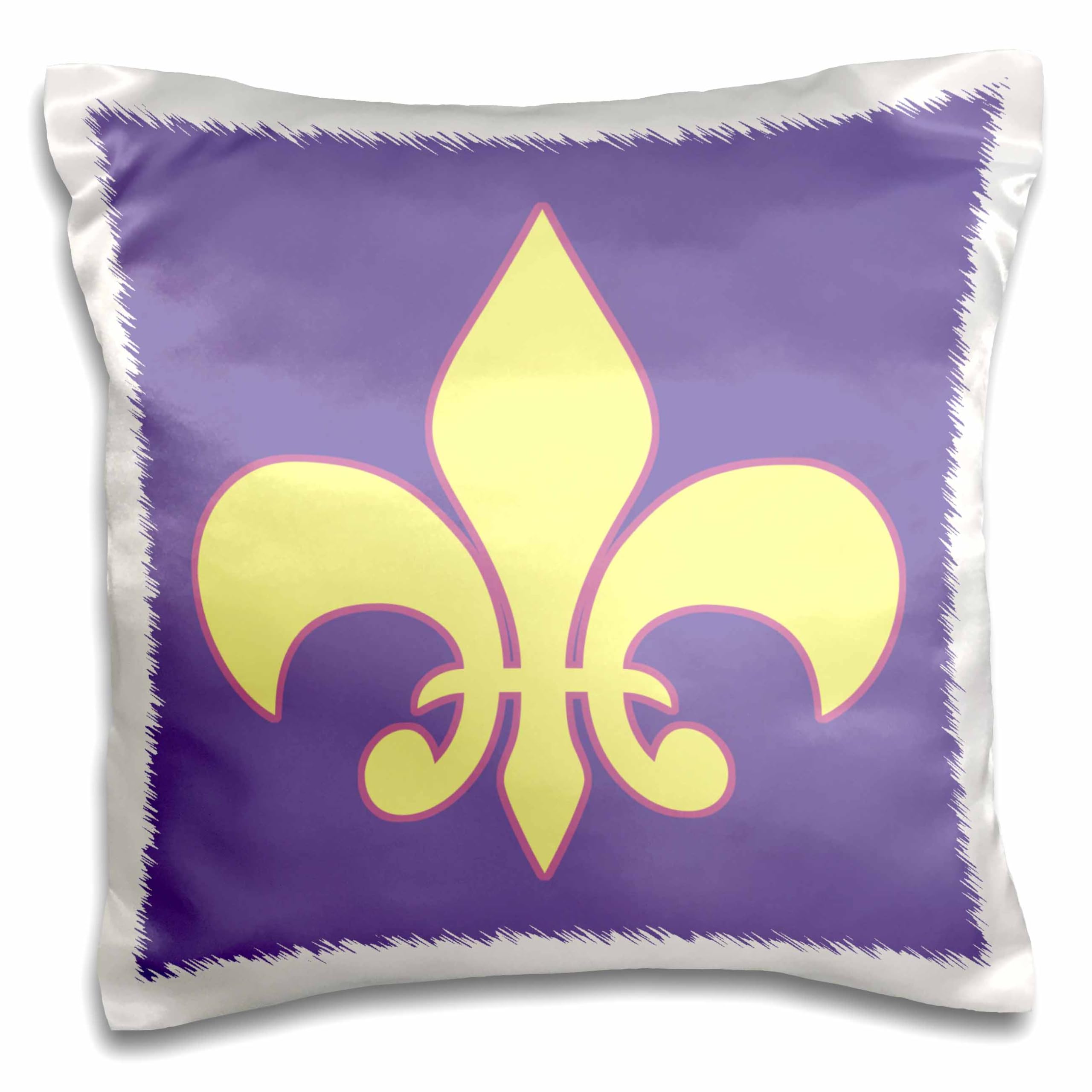 3D Rose Pale Canary Yellow Fleur-De-Lis Outlined Purple Lavender Background Decorative Pillow Cover 16x16 Inch - Elegant Home Decor for Living Room, Bedroom, Sofa & Couch