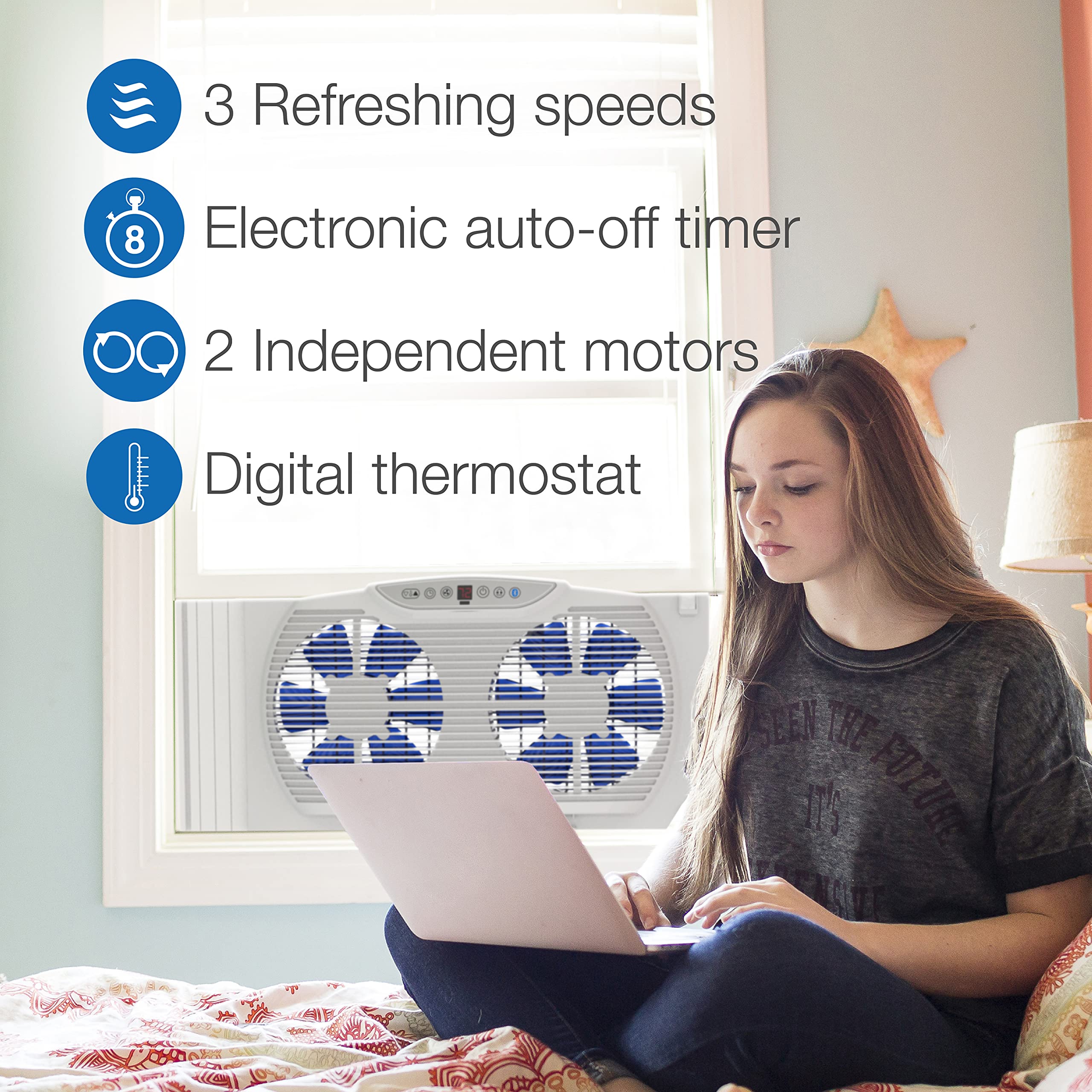 Lasko W09560 Bluetooth Twin 9-Inch Smart Window Fan with Reversible Motors, Thermostat & Timer - White | Perfect for Bedroom Cooling & Home Ventilation | Energy Efficient Indoor Air Circulation for Summer & Year-Round Comfort