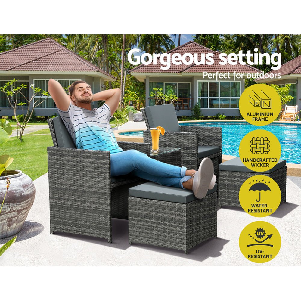 5-Piece Grey Wicker Bistro Set with Table, Chairs & Ottoman - Patio, Garden, Poolside Outdoor Dining Furniture for Backyard, Porch or Balcony