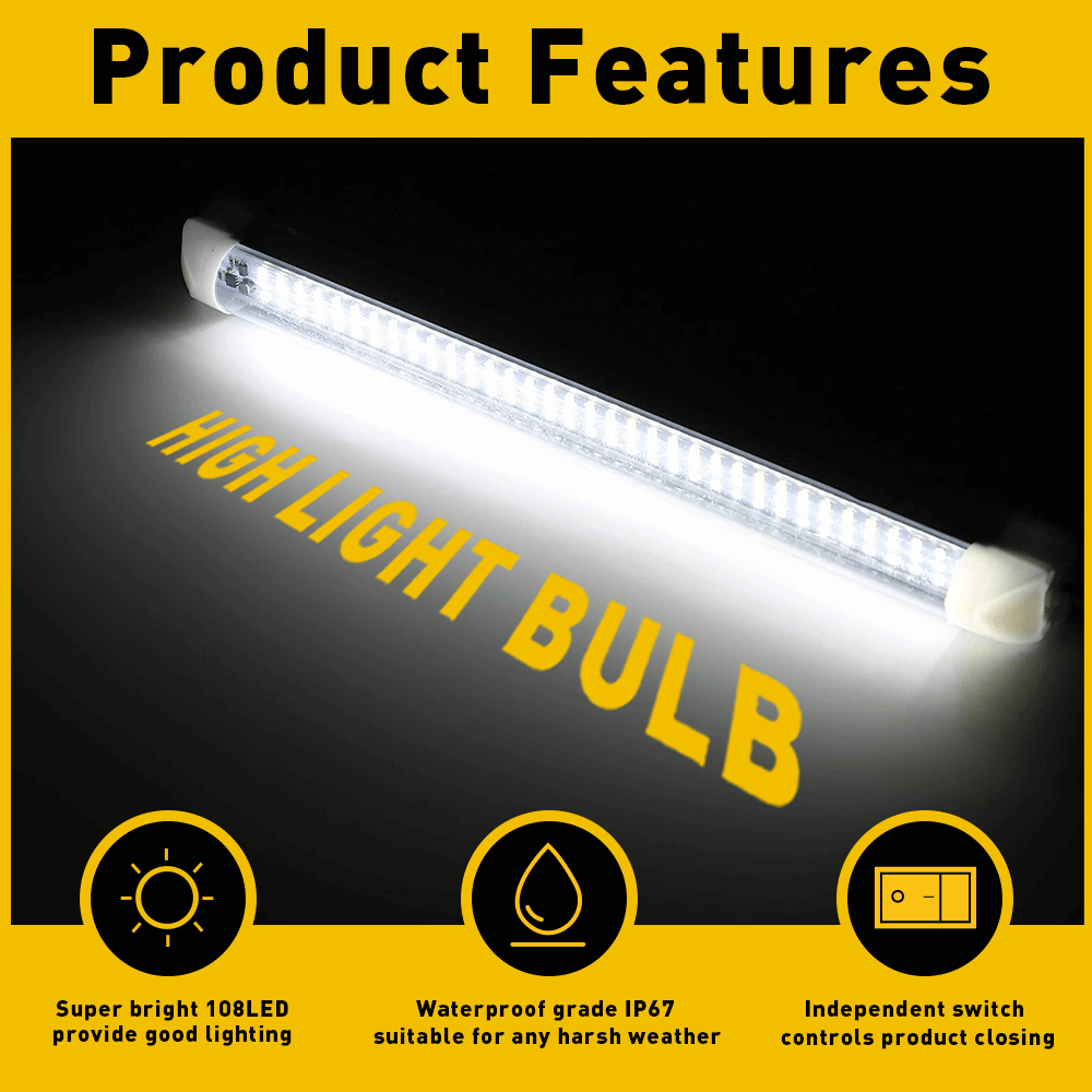 12V 108pcs LED Interior Light Bars for Trucks, Vans, Buses & Caravans - Waterproof with ON/OFF Switch - Perfect for Camping, Road Trips & Emergency Lighting