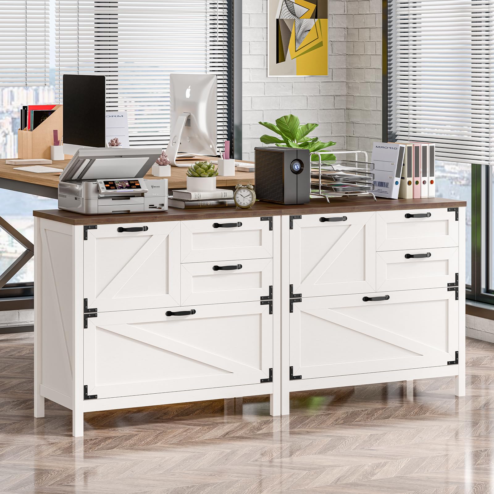 4-Drawer Wood Lateral File Cabinet for Hanging Files - Letter/A4/Legal Size Storage - Farmhouse Style Home Office Furniture with Printer Stand (White & Brown) - Perfect for Organizing Documents in Small Offices, Study Rooms & Workspaces