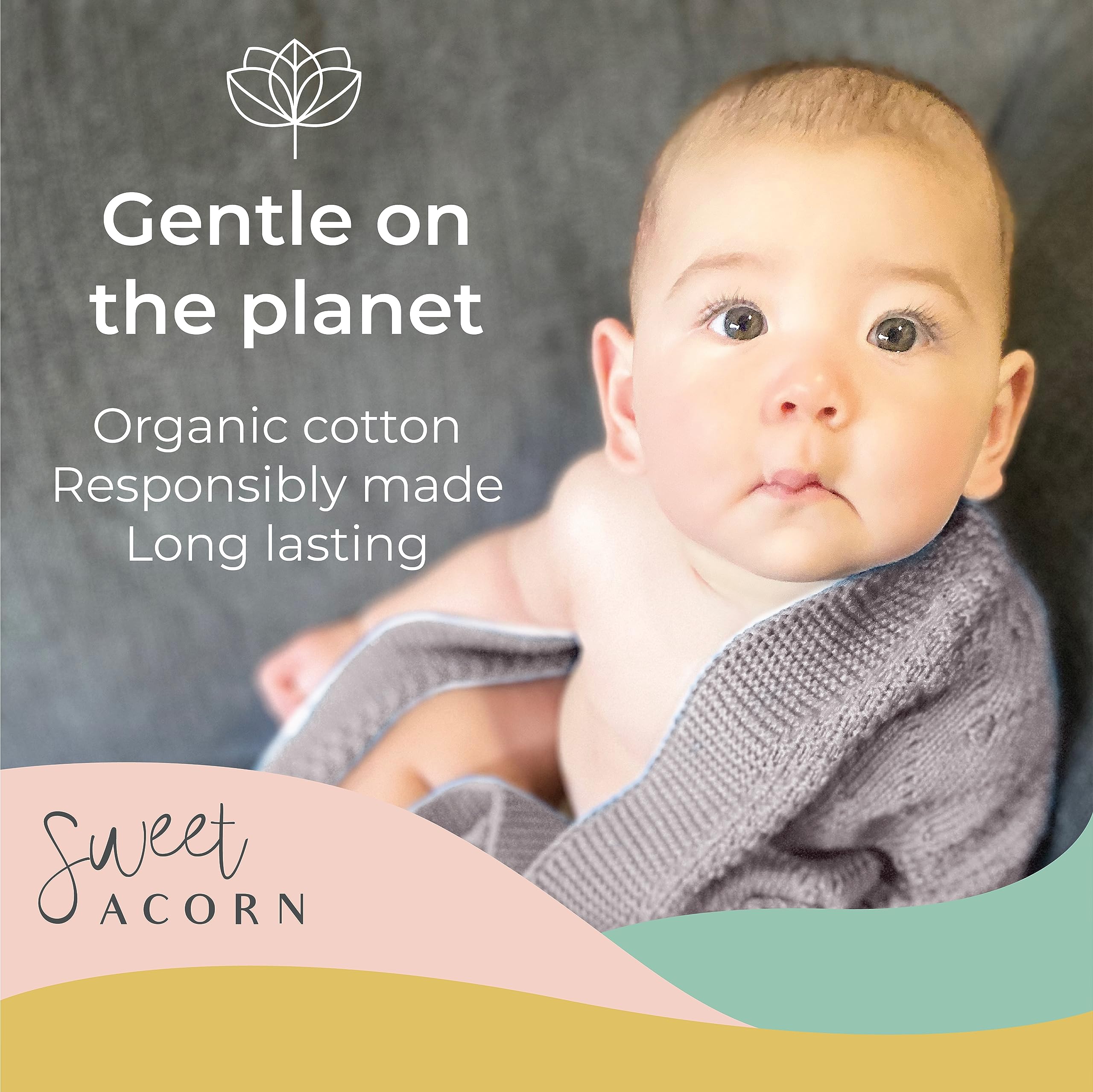 Organic Cotton Sweet Acorn Cable Knit Baby Blanket - Soft Crib & Stroller Blanket for Newborns - Receiving Blanket in Fog Grey - Perfect for Nursery, Swaddling & On-the-Go Comfort