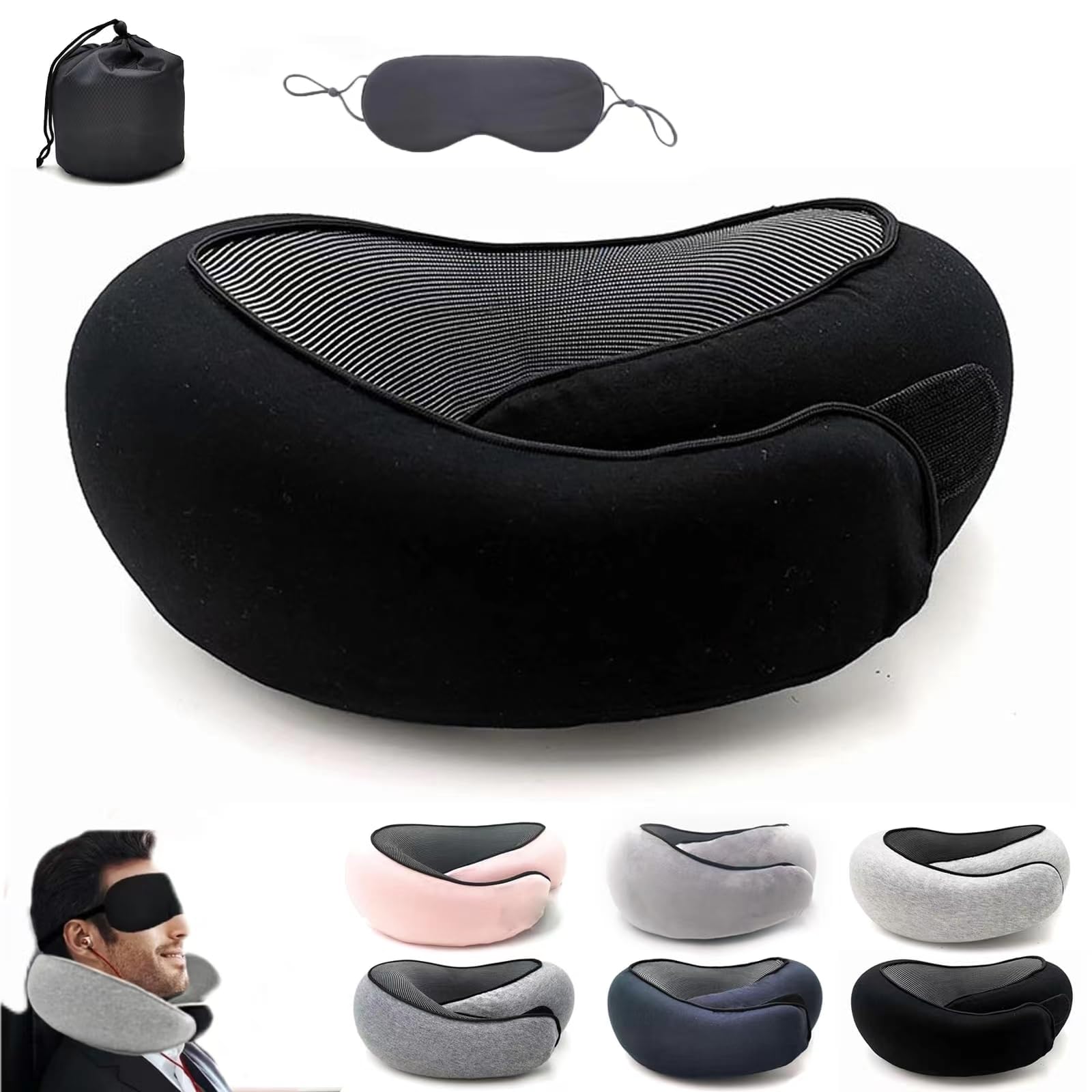 Wander Plus Memory Foam Travel Neck Pillow for Airplanes - Ergonomic Support for Long Flights, Road Trips & Office Use (Black, 2024 Model) | Perfect for Business Travelers & Commuters