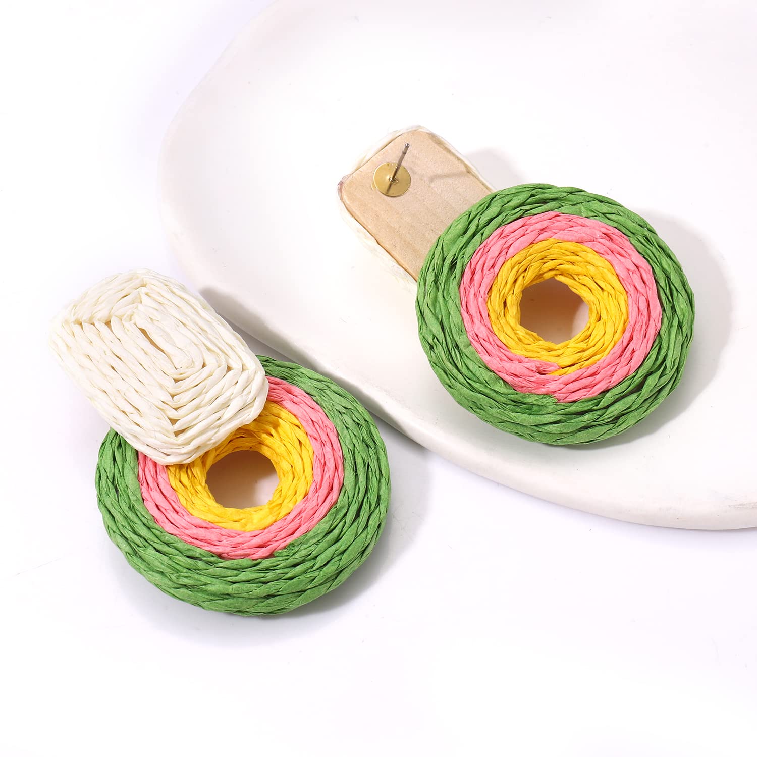 4 Paris Rattan Raffia Earrings for Women - Handmade Boho Statement Drop Dangle Earrings, Woven Straw Geometric Summer Jewelry - Perfect for Beach Vacations, Music Festivals & Boho Chic Outfits
