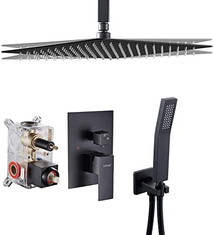 **Cobbe Matte Black Shower System - 12 Inch Rainfall Shower Head with Handheld Spray, Ceiling Mount Faucet Set for Bathroom (Rough-in Valve & Trim Included) - Perfect for Modern Spa-Like Showers**