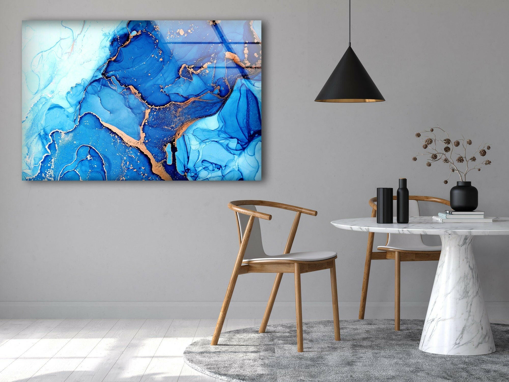 Blue Abstract Liquid Ink Art Glass Wall Decor - Modern Home & Office Decoration for Living Room, Bedroom, or Workspace
