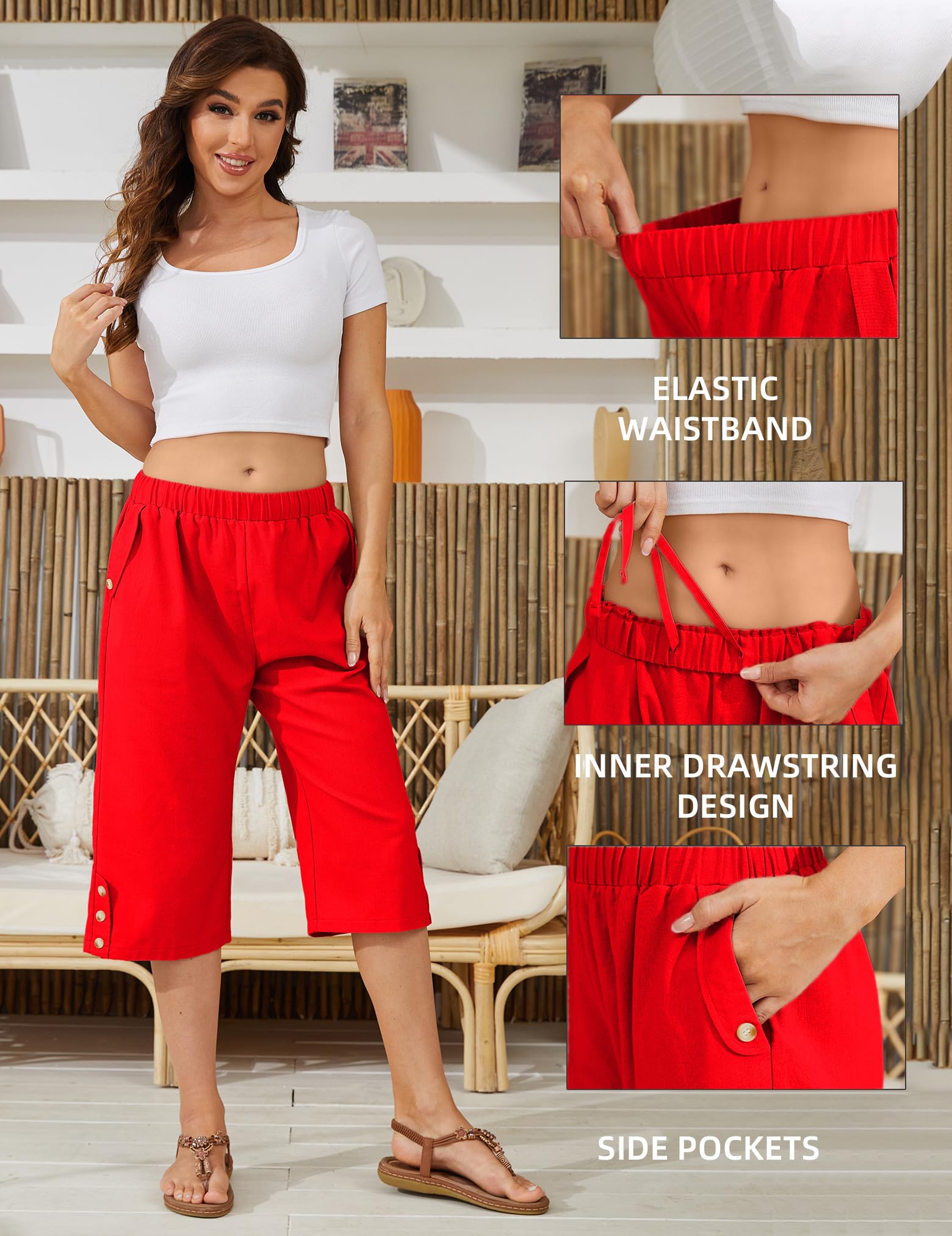 Women's Summer Capri Pants - Casual Wide Leg Elastic Waist Lightweight Cropped Loose Pants with Pockets | Perfect for Beach, Travel & Everyday Wear