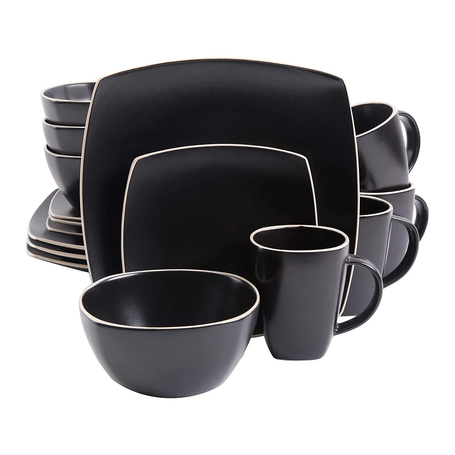 Gibson Elite 102261.16RM Soho Lounge 16-Piece Dinnerware Set for 4 - Matte Black with White Rims (2 Pack) | Includes Dinner Plates, Dessert Plates & Mugs | Perfect for Family Dining, Dinner Parties & Restaurant-Style Entertaining