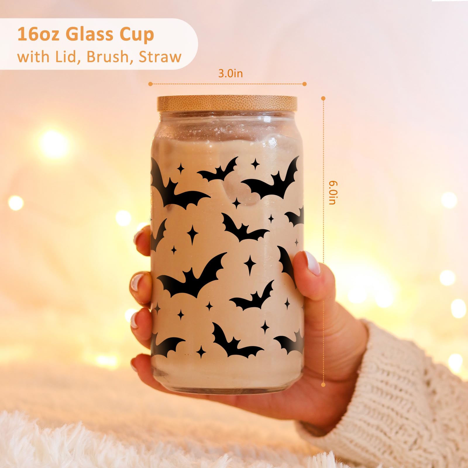 Halloween Bat Tumbler - 16 oz Gothic Glass Cup for Iced Coffee, Spooky Gift for Bat Lovers & Goth Girls - Perfect for Halloween Parties, Boo Baskets, and Gothic Home Decor