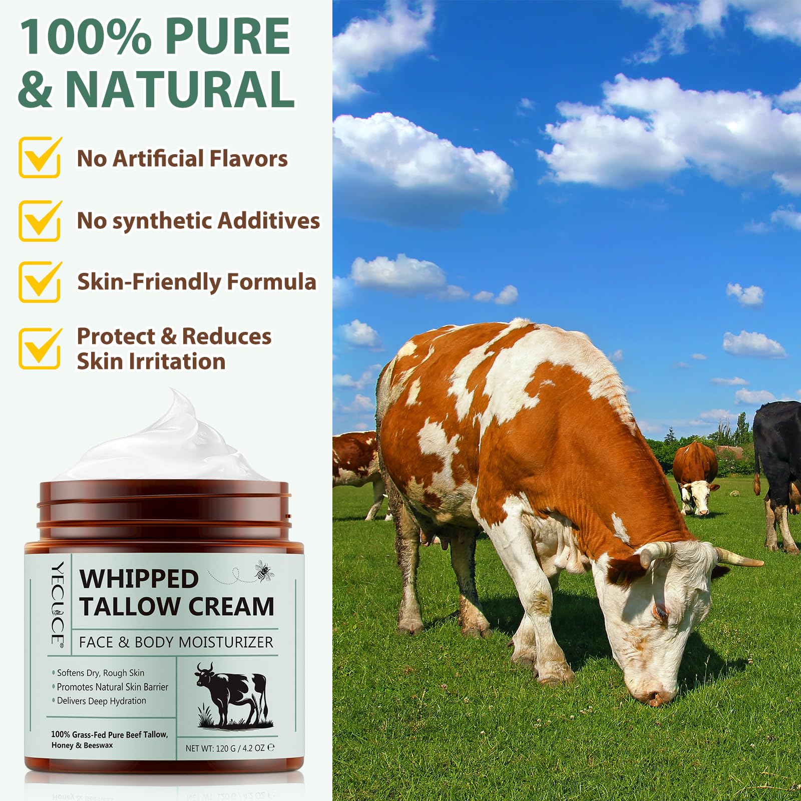 Grass-Fed Beef Tallow Balm with Honey - Deep Hydration for Face & Body - Perfect for Dry Skin Care