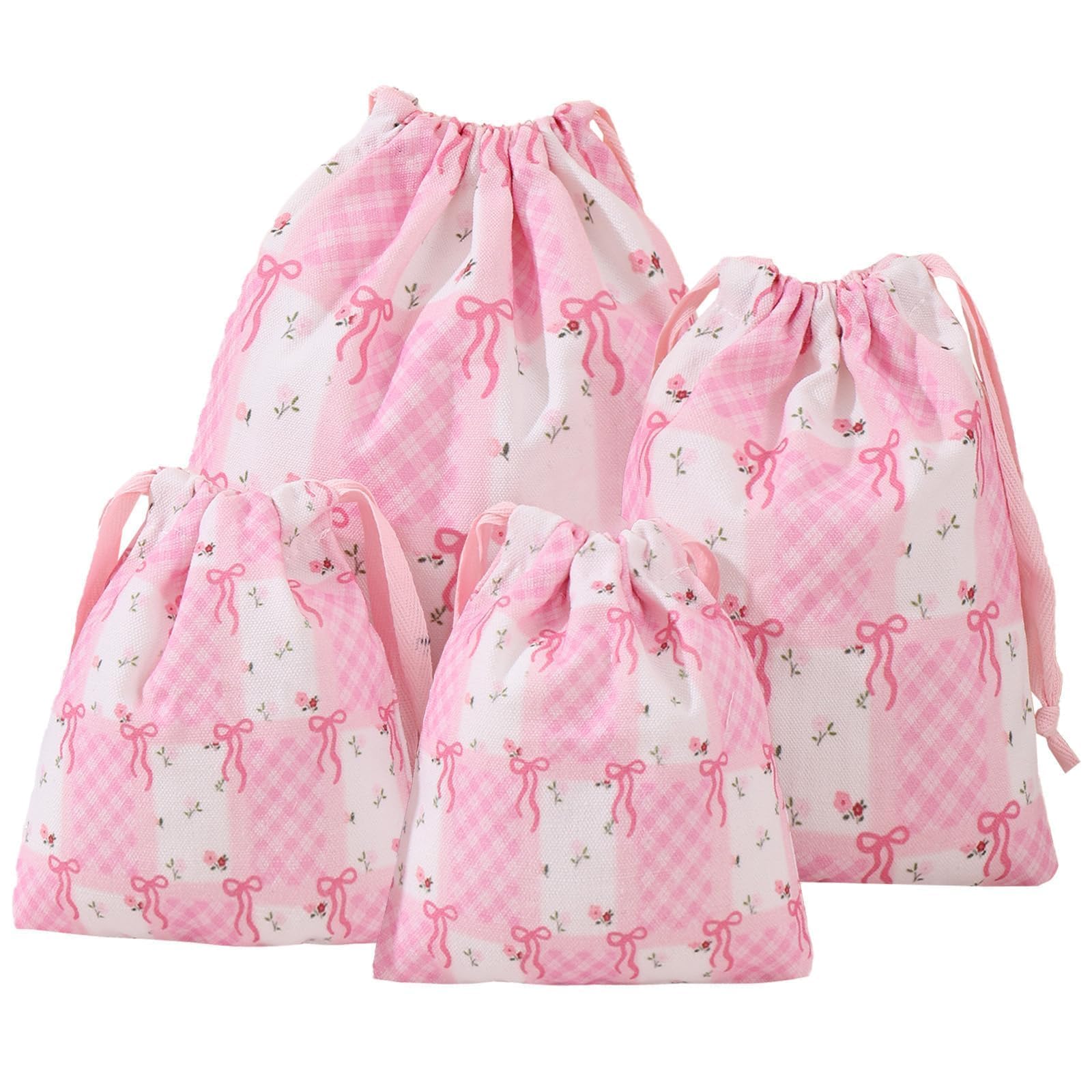LYDZTION 4-Piece Floral Drawstring Makeup Bags Set - Small Canvas Cosmetic Pouches for Jewelry, Travel & Home Storage - Perfect Gift for Women (Flower Bow Design) - Ideal for Organizing Makeup, Travel Essentials & Small Accessories