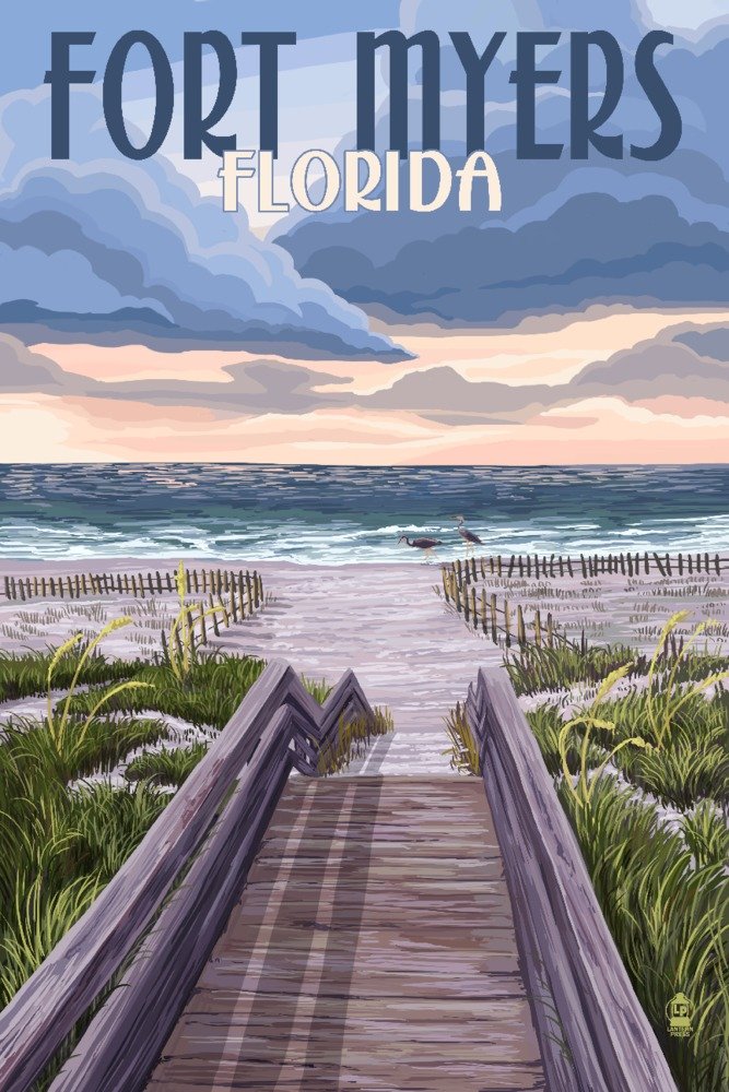 Signed Fort Myers Florida Beach Boardwalk Art Print - 24x36 Wall Decor Poster for Living Room, Bedroom & Office | Coastal Scenery Home Decor