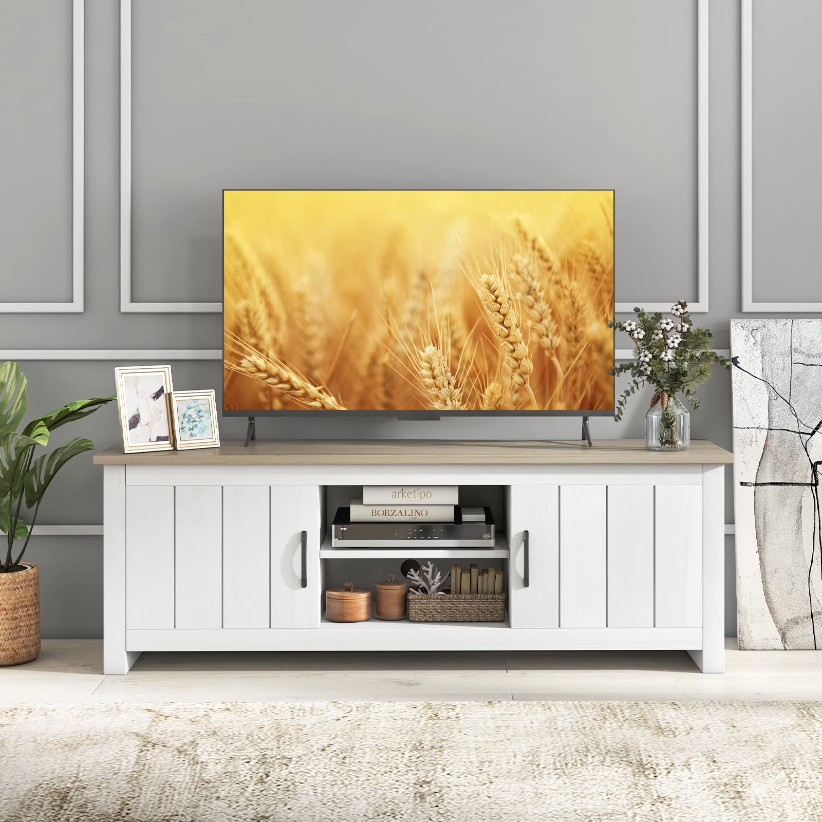 Tangkula 65 Inch TV Stand with 2 Doors & Open Shelves - Wooden Media Console for Living Room, 2 Storage Cabinets & Cable Management Holes - Perfect for Home Theater & Entertainment Systems (White Oak Finish)