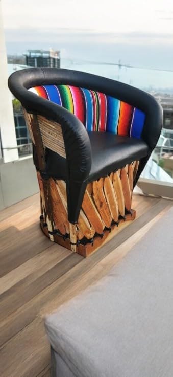 Handmade Traditional Mexican Equipal Chair - Black Zarape Design, Artisan Crafted in Mexico | Original Leather Seat for Home, Bar, Restaurant, Office & Hotel Decor | Perfect for Patio, Living Room & Southwest Style Interiors